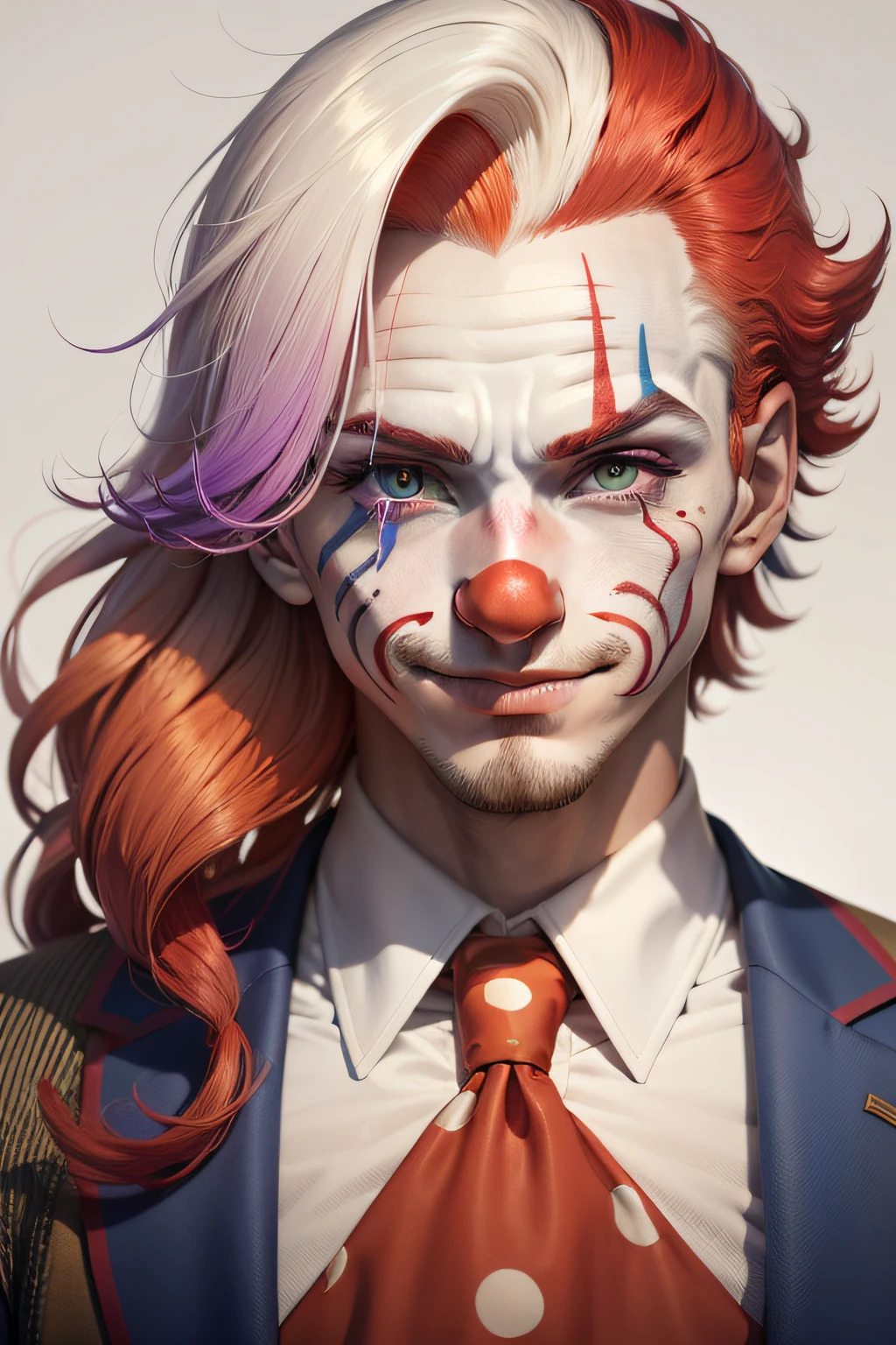 Clown avatar,Close-up of the head,ember,Wallpapers,Handsome youth,Pan,The color hair,Hair has gradient color,Hair comes in several different colors,white business suit,white backgrounid,Red round nose of the clown,Clown's mouth,ssmile,Young without wrinkles