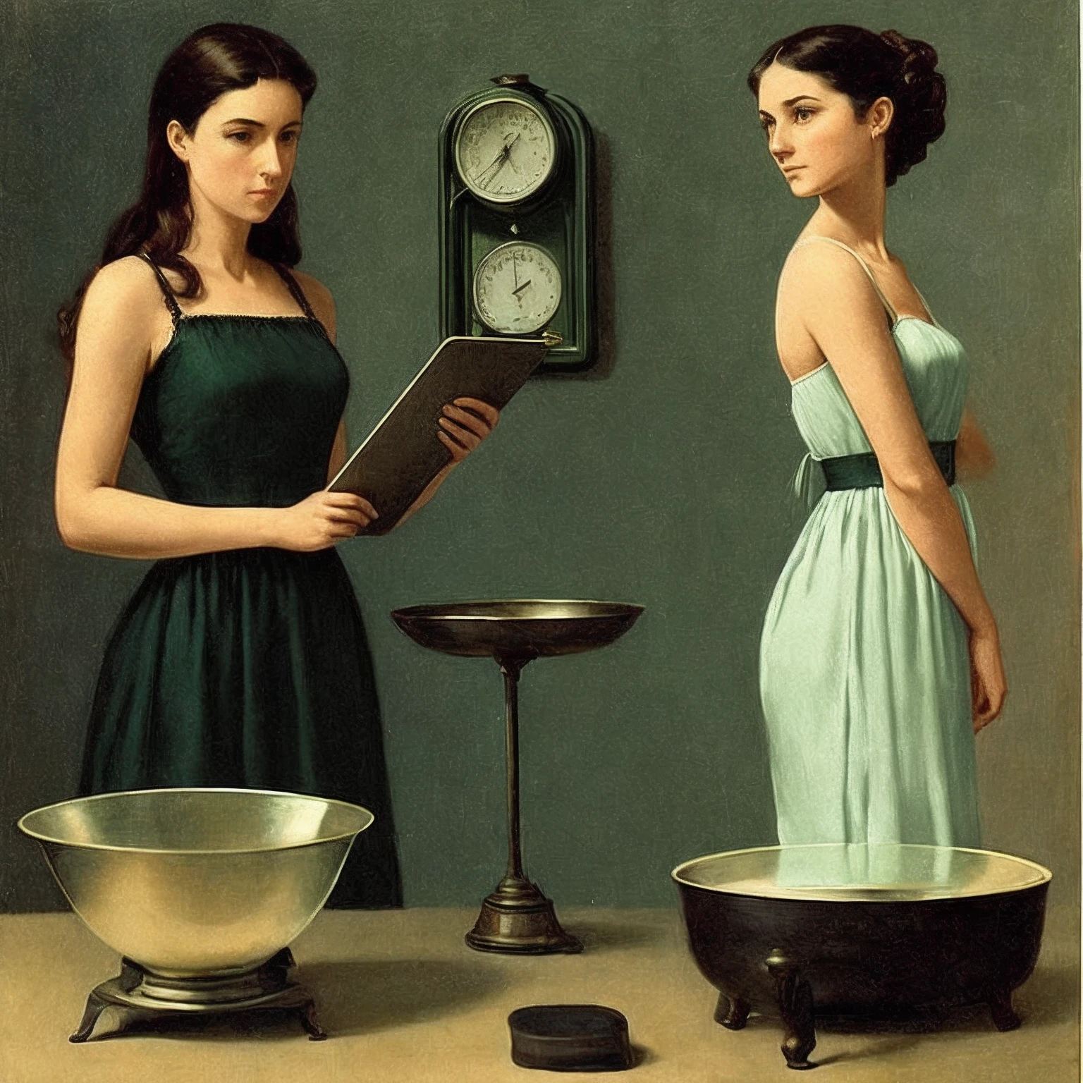 create the image of a western woman, in a dark green dress, weighing herself and looking at the scale
