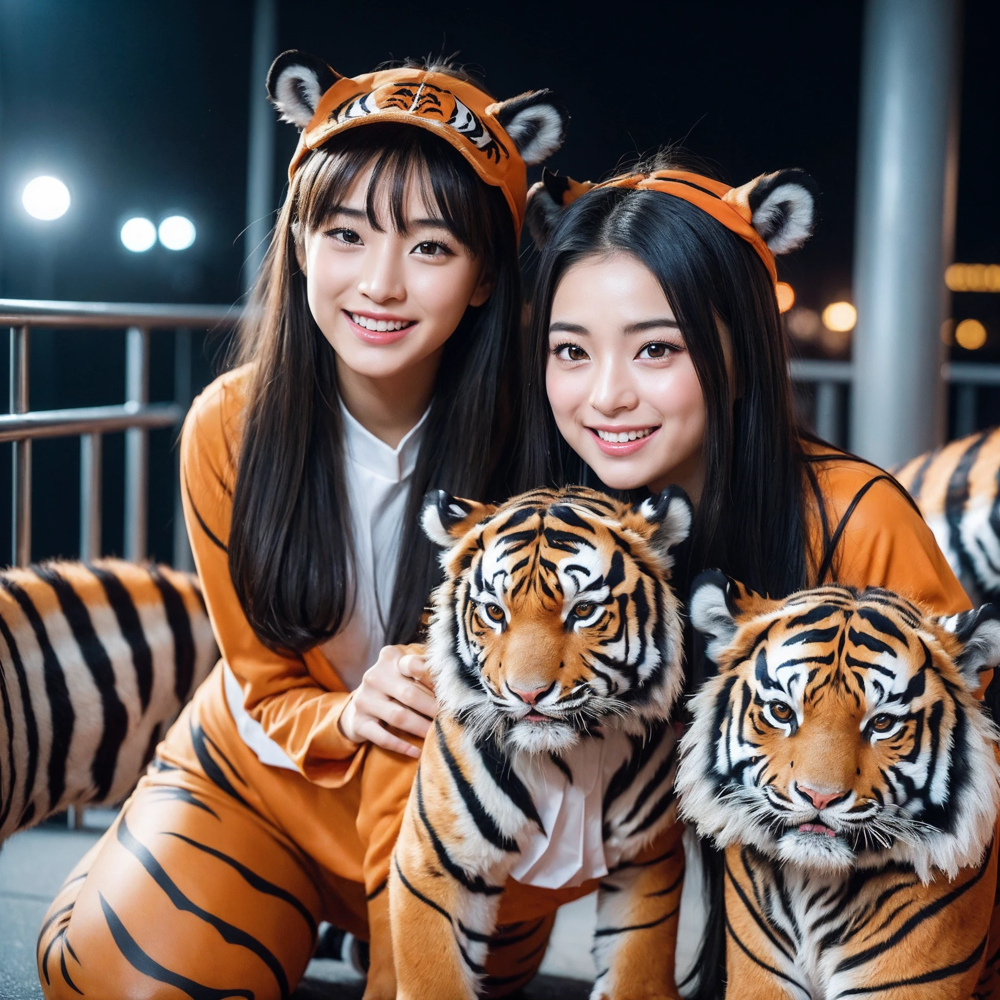(8K、RAW Photos、top-quality、masterpiece:1.5)、(realisitic、Photorealsitic:1.5)、ultra-detailliert、超A high resolution、lighting like a movie、(((Idols who love tigers)))、(((Japan 16 year old girls)))、(((Wearing a cute costume with a tiger motif)))、(A lot of tigers:1.5)、cute smile face、Happy and energetic atmosphere、dynamic ungle、动态照明