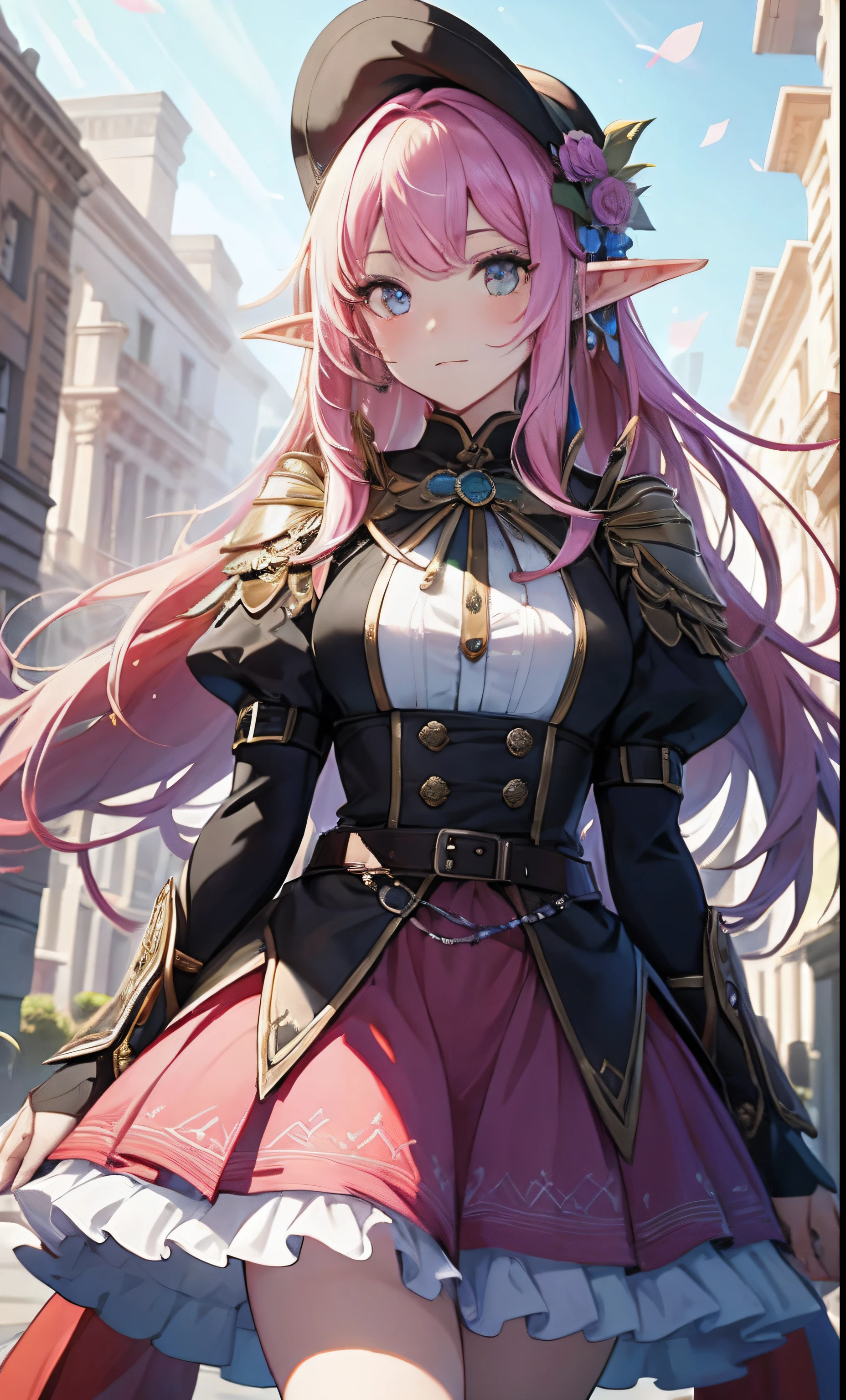 best qualityer,tmasterpiece,Ultimate resolution,downy,Extremely colorful,Colorful,western regions,elf girl, Dancer,pink hairbl,dress costumes,flowers in hair, veils,Normal posture