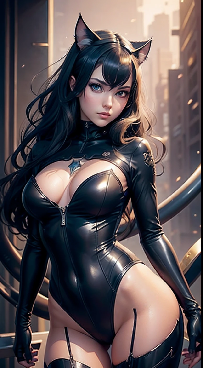 Portrait of Catwoman, anime catgirl, smooth soft skin, Fantastic Big Eyes, beautiful intricate colored hair, Symmetrical, anime wide eyes, Beautiful eyes, Soft lighting, Detailed face, By Makoto Shinkai, Stanley Ateg Liu, Phlegm sputum, phlegm, rossdraws, concept-art, Digital painting, looking at the camera in, 1girll,full bodyesbian,Raised sexy