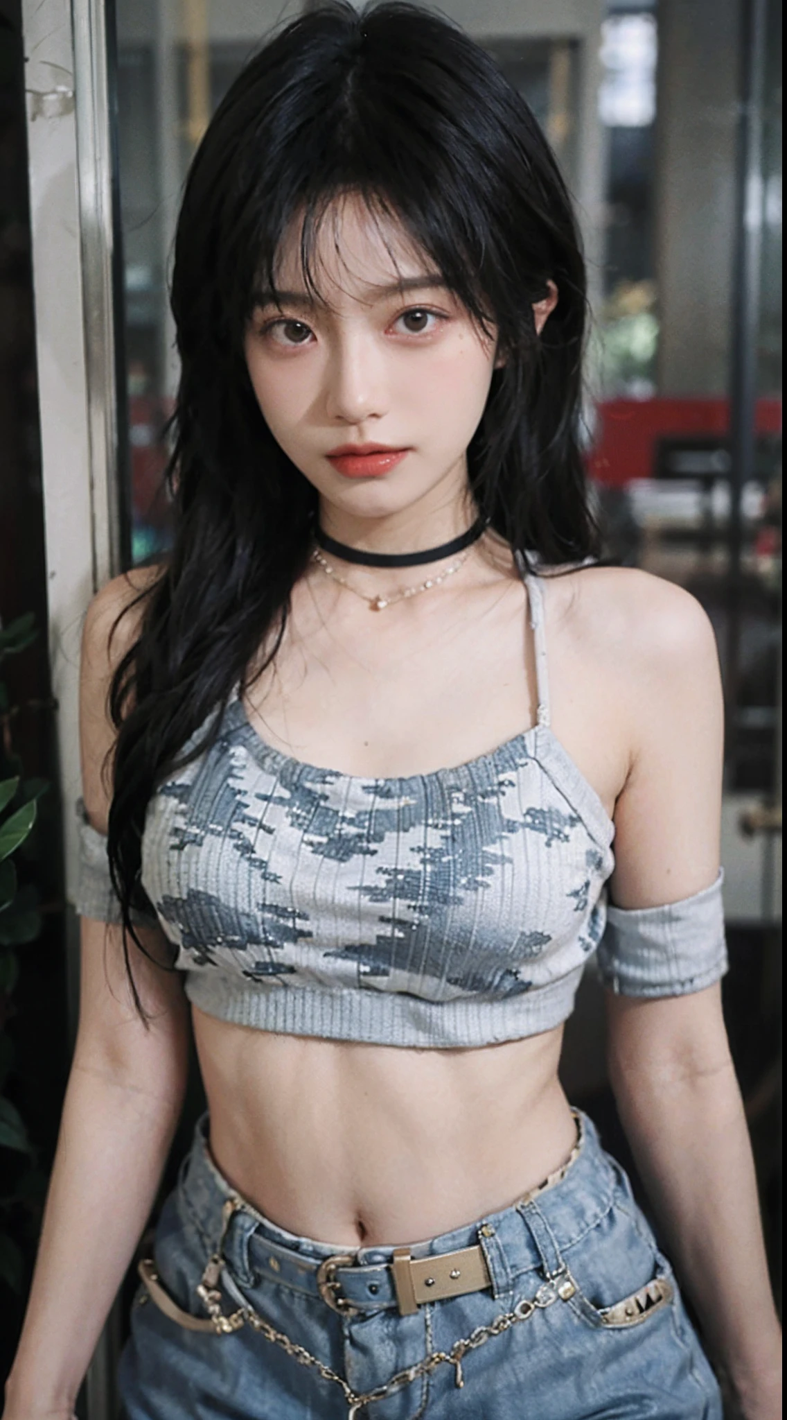 best qualtiy， 超高分辨率， （realisticlying：1.4），Baoyu Girl，1girll, with long coiled hair，Blushlush，Looking into the distance，nedium breasts，Cropped red sweater，a sense of atmosphere，Beautiful woman with a slim figure:1.4, Abs，Ultra-fine face，Elaborate Eyes，二重まぶた，choker necklace