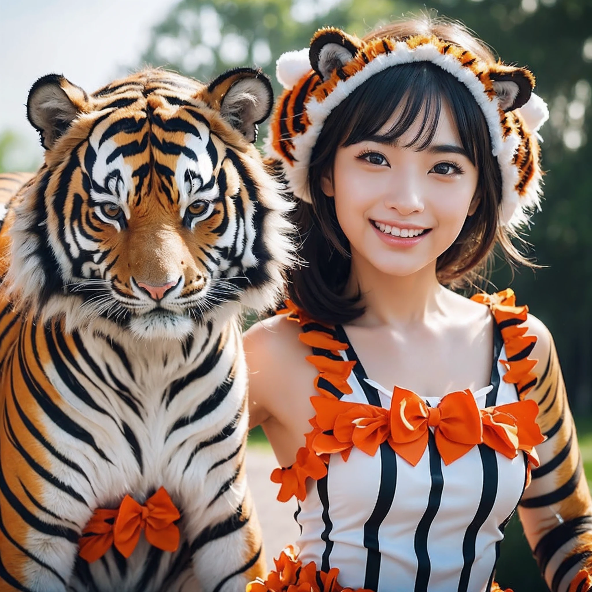 (8K、RAW Photos、top-quality、masterpiece:1.5)、(realisitic、Photorealsitic:1.5)、ultra-detailliert、超A high resolution、lighting like a movie、(((Idols who love tigers)))、(((Japan 16 year old girls)))、(((Wearing a cute costume with a tiger motif)))、(A lot of tigers:1.5)、cute smile face、Happy and energetic atmosphere、dynamic ungle、动态照明