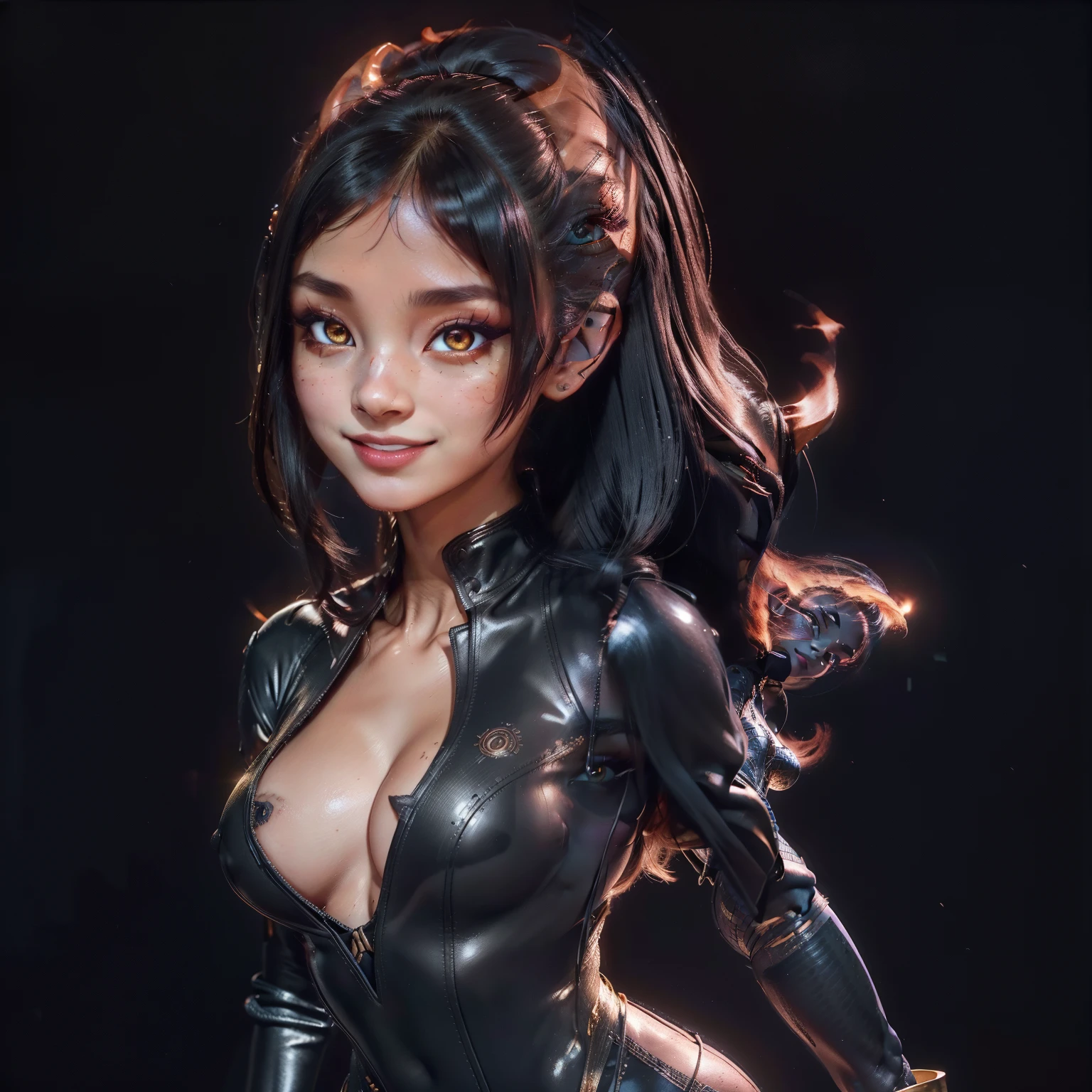 (best quality, masterpiece, detailed face, beautiful detailed eyes), Ember, girl made of fire, 1girl, (solo),standing, ((fullbody)), dark background, (editorial photograph of a 21 year old woman), (highly detailed face:1.4) (smile:0.7) nikon d850, film stock photograph ,4 kodak portra 400 ,camera f1.6 lens ,rich colors ,hyper realistic, lifelike texture, dramatic lighting , cinestill 800, Nikon 800mm lens, Tall, feminine, Instagram model, asian, long black hair, petite nose, thin eyebrows, posed, confident, smiling, eyeshadow, eyeliner, contour, foundation, huge breasts, cleavage, glossy, (highly detailed eyes:1) (selfie:0.5) pvc, catsuit, (full body:0.6), (pose:1), (detailed hands:1).