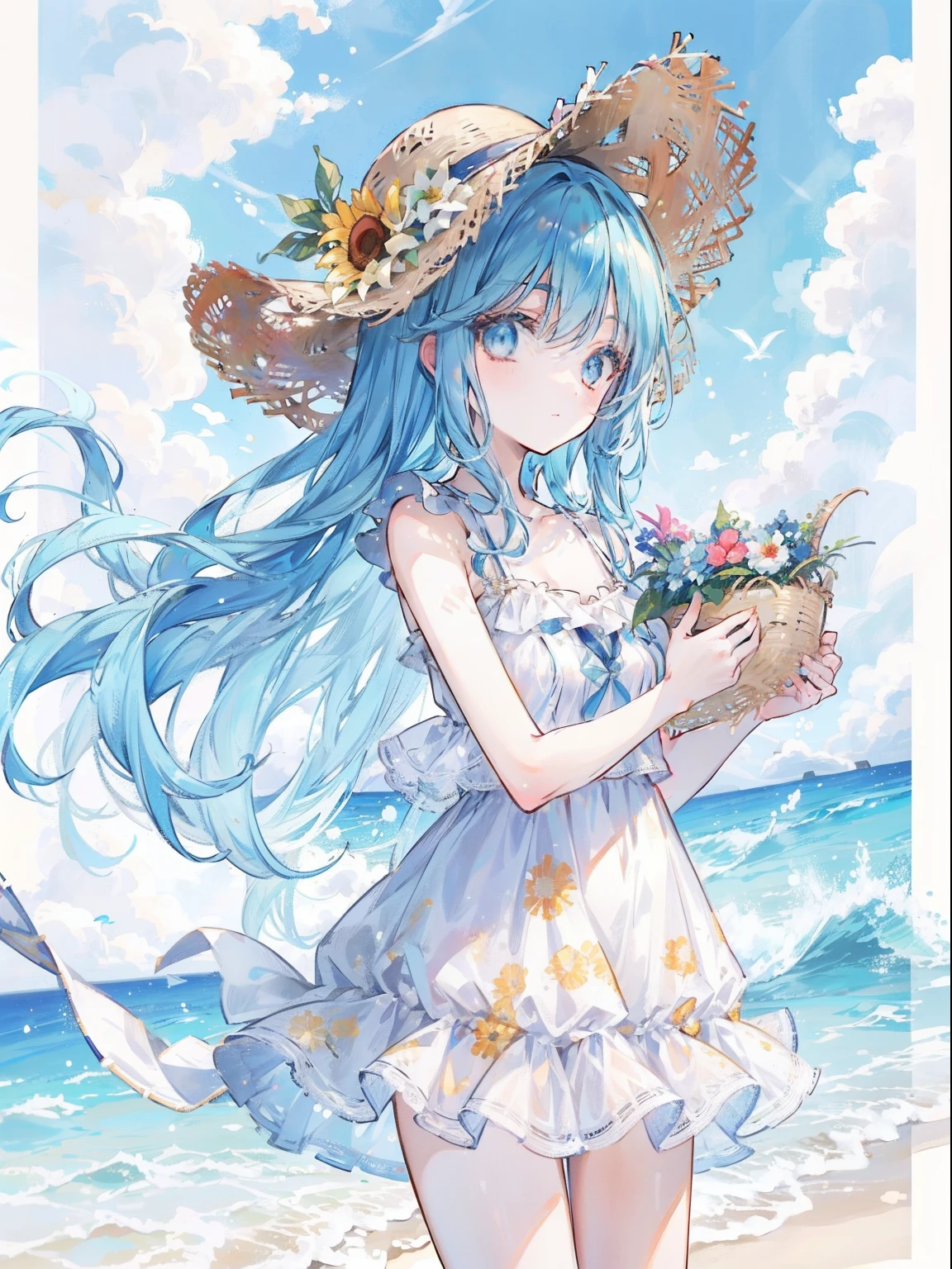 tmasterpiece，HighestQuali，1girll，lightblue hair，long whitr hair，blue color eyes，swim wears，nabel，Straw Hat Hat，florals，beachside，rays of sunshine