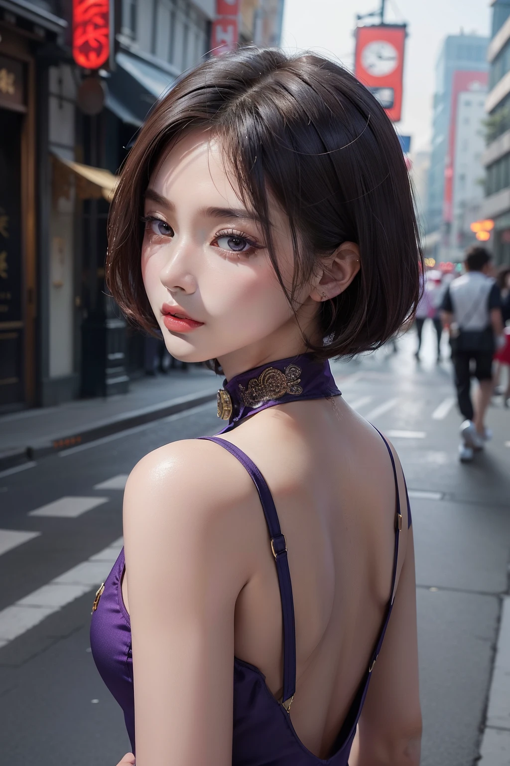 (8k，超高分辨率，Best quality，poster for，Very detailed faces，动态照明)short hair girl，The skin is very white，The lips are painted with a rich crimson，Like a rose about to bloom，He wears a black studded collar around his neck，Wearing a purple one-piece tight uniform，A short ear-length hair that should have been delicate and cute，On her, it has a charming temperament，Although not tall，But the aura is more than a star and a half stronger than Li Yalin，Turning back on the street，Definitely higher than Li Yalin, who is more beautiful。