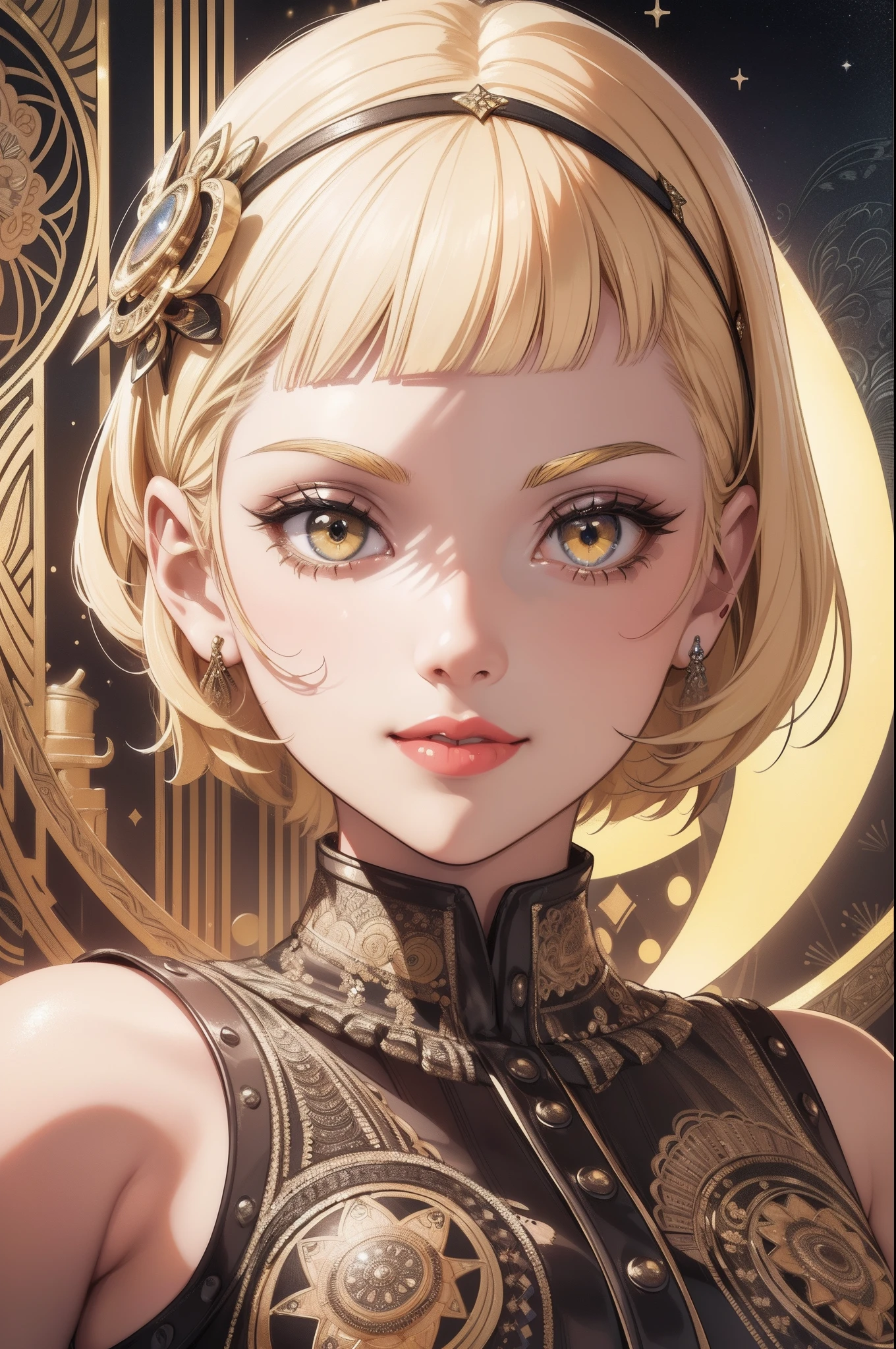 (masterpiece), (Best Quality), (zentangle background:1.4),(a girl), ((close-up of face)), (smiling), (best angle), Looking to the Viewer, Contemporary Girl)，(Big yellow crystal eyes), (round red lips), (very very Short platina blond shining Hair:1.5), (Art Deco illustration:1.4),(wearing black and white border shirt), (Reasonable design, Clear lines, High Sharpness,Best Quality, Very detailed, masterpiece, Movie Light Effects, 8K ), ((3D)), cool, model, vogue, fashion photo,