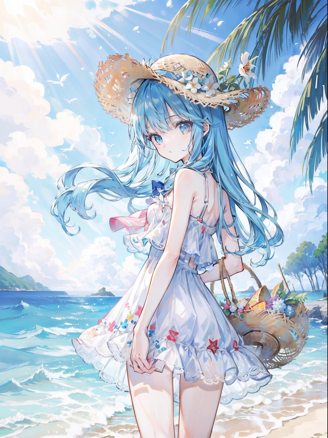 tmasterpiece，HighestQuali，1girll，lightblue hair，long whitr hair，blue color eyes，swim wears，nabel，Straw Hat Hat，florals，beachside，rays of sunshine