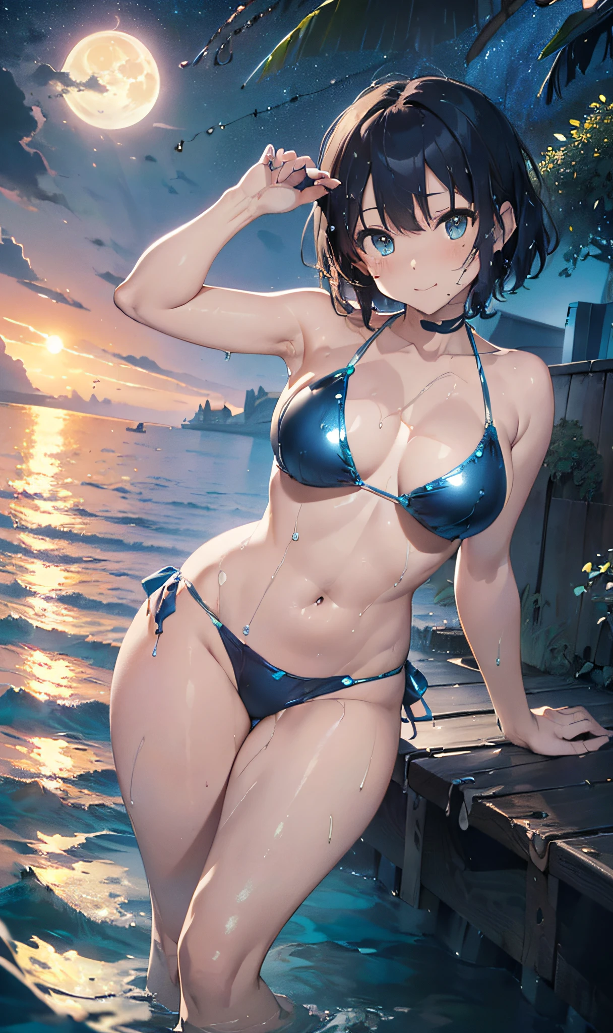 (Master masterpiece、The ultra -The high-definition、extremely fine and beautiful、Ultra-high power of 8 kilometers:2)、(Girl getting wet:1.4)、(looking at another:2)、(Clarity Metallic Blue Bikini:2)、(Transparent skin:1.6)、(short tail hair:1.8)、(Beautiful eyes:1.8)、、(Nominal body type)、(Glamorous:1.4)、(musculature:1.4)、(Thin thighs:1.6)、(Thin leg:1.6)、(A smile)、perfectly proportions,Correct anatomy、Good anatomy、(Moon and Milky Way:1.6)、(Dynamic Angle:1.6)、(sexypose:1.8)、(the ocean at night:1.6)