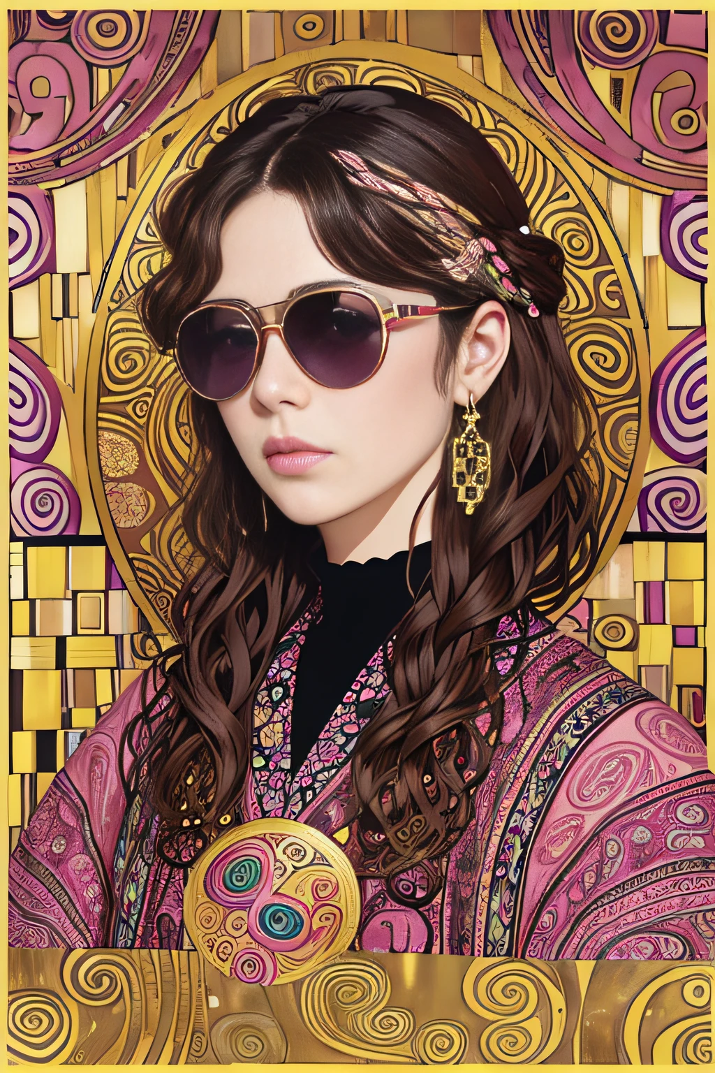 (Pink sunglasses for artistic adults and sophisticated and intricate paisley pattern in Klimt style)、I don't need people、Mexican decoration、syrup、
(Vector Flat)、gold、brack、
​masterpiece、超A high resolution、hightquality