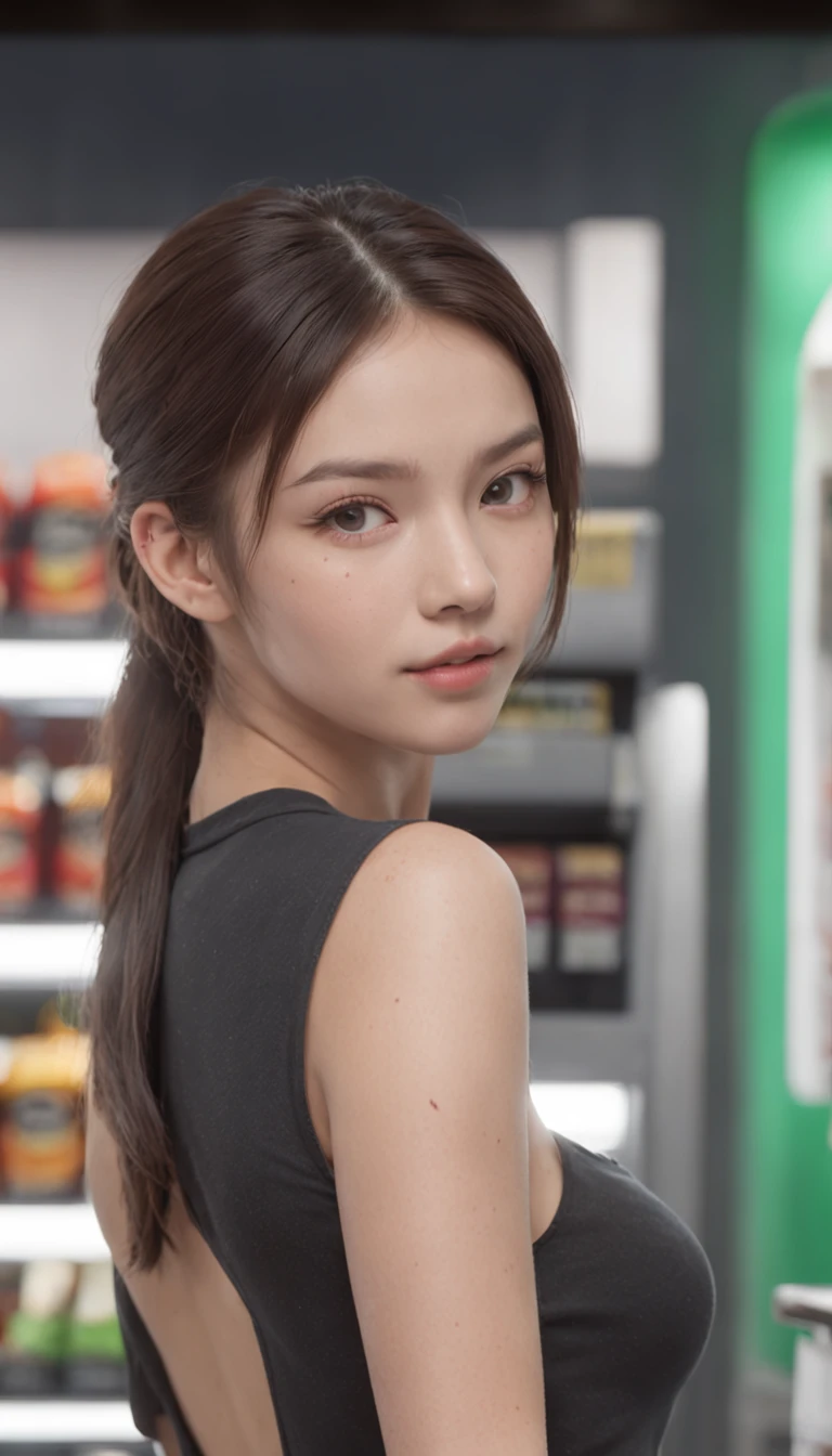 (One lady)、(fully body photo)、Cinematica Matrix 5, NSFW,20 year old girl with ponytail hair, large dark gray eyes, And a perfect oval face, Rendered in a photorealistic style with sharp edges and vibrant atmosphere, Standing in a convenience store with bare breasts