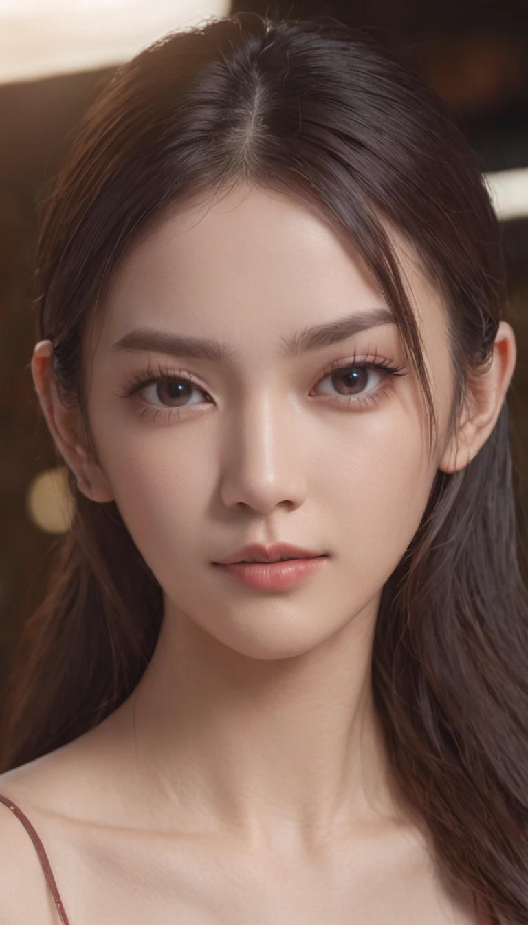 (One lady)、(fully body photo)、Cinematica Matrix 5, NSFW,20 year old girl with ponytail hair, large dark gray eyes, And a perfect oval face, Rendered in a photorealistic style with sharp edges and vibrant atmosphere, Standing in a convenience store with bare breasts