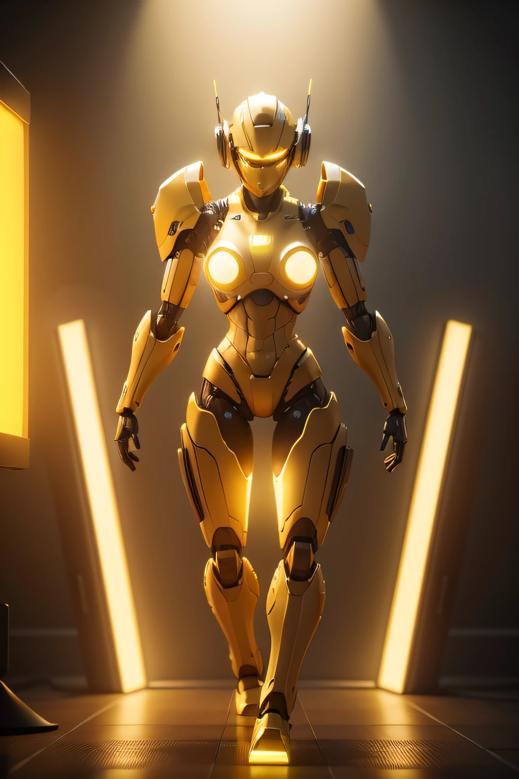 3d render of robot with television on head, full body, beautiful studio soft light, yellow lights, rim light, vibrant details, realistic, elegant, beautiful background, octane render, zoomed out, rendered in 8K resolution for high-quality detail, concept art, smooth, sharp focus, highly detailed, soft natural volumetric cinematic perfect light, intricate artwork masterpiece, glowing yellow light, yellow filter, bright yellow light, hollywood filter