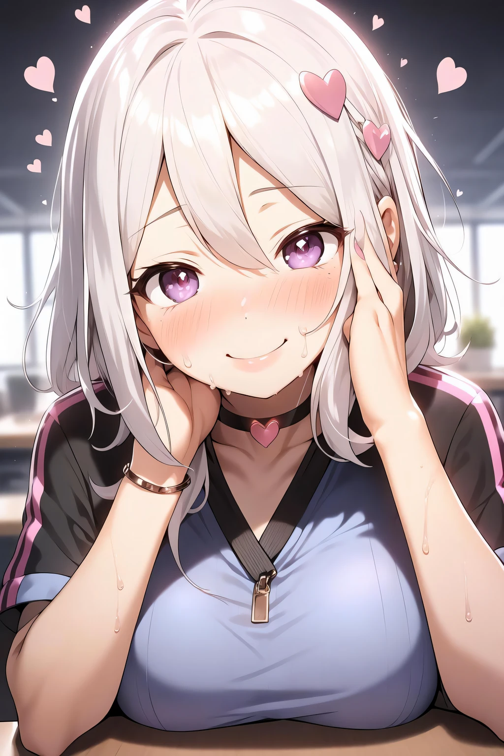 1girl,((smile:1.1)),naughty face,heart-shaped pupils,fingernails,hands on own face,white hair,purple eyes,((shaded face)),(blush:1.4),choker,upper body,trembling,sweat,sweatdrop,heart,(crazy:1.1),(speed lines), (ahegao), medium breasts, ((heavy breathing)), love, heart, desk