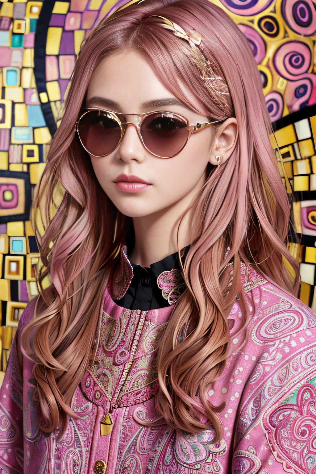 (Pink cute sunglasses for artistic adults with sophisticated and intricate paisley pattern in Klimt style)、I don't need people、Mexican decoration、syrup、
(Vector Flat)、gold、brack、
​masterpiece、超A high resolution、hightquality