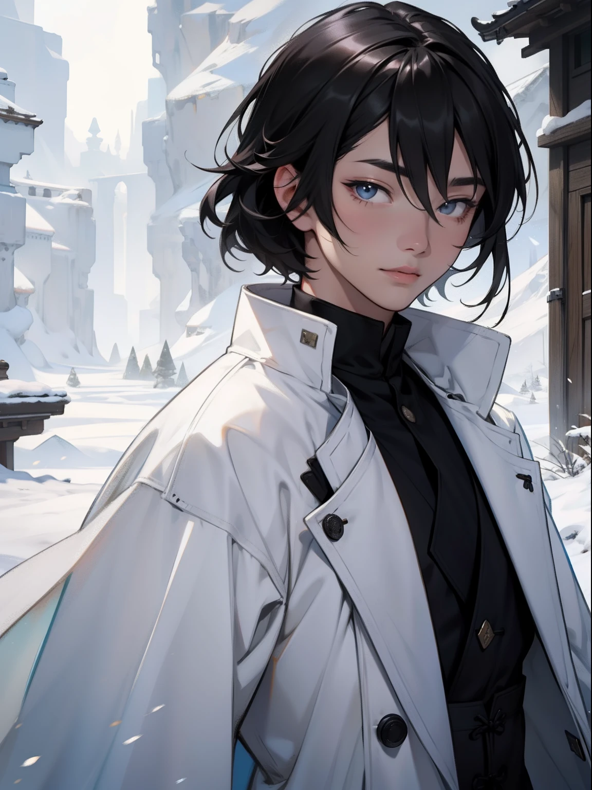 outside，In the daytime，White coat，Douluo Continent costume，Black color hair，Headshot