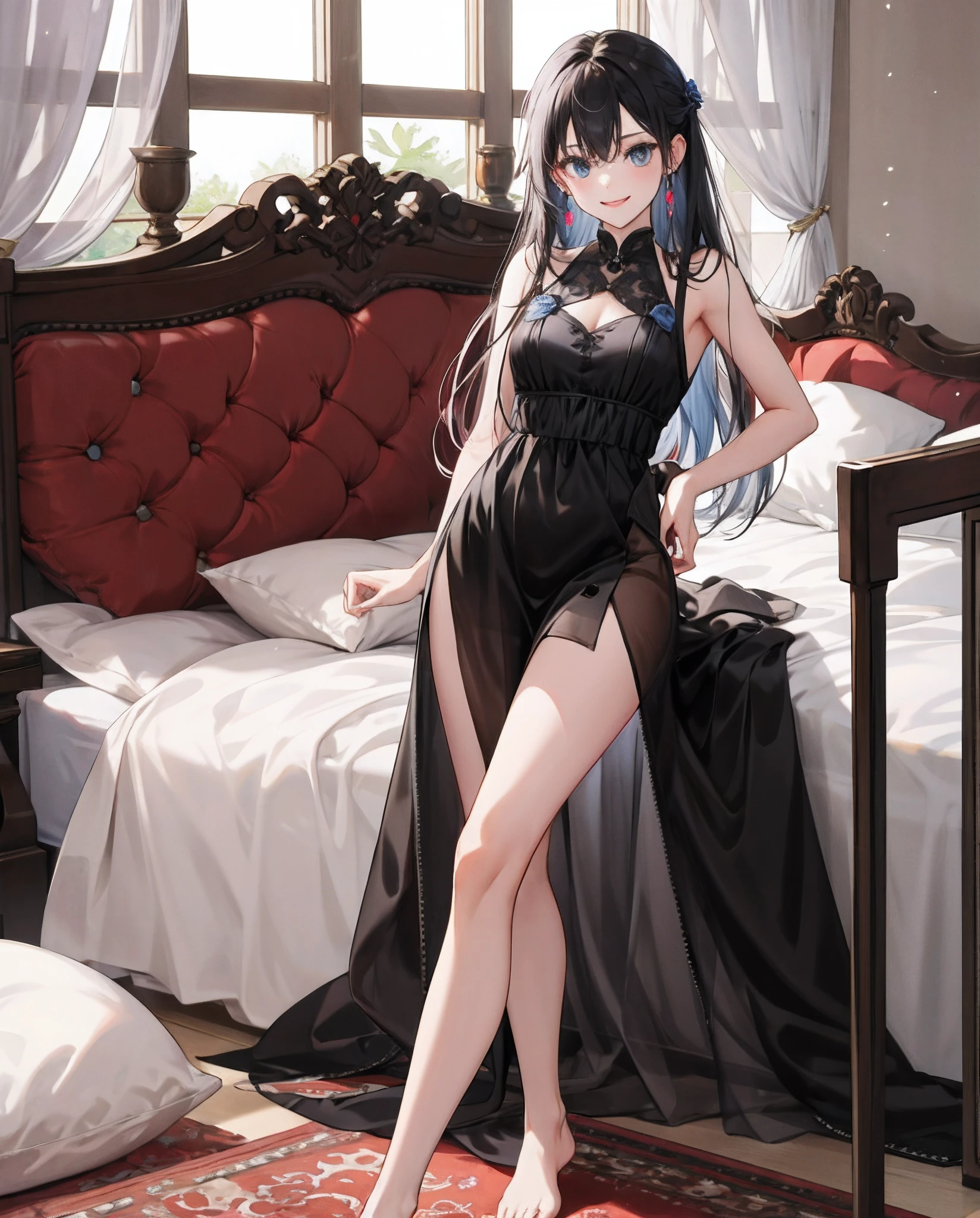 best qualtiy，tmasterpiece，超高分辨率，（realisticlying：1.4）Next to the bed，1个Giant Breast Girl，黑The eye，Look at the audience with a smile，cabelos preto e longos，tiny ears，are standing，Bigchest，slim，Long legs，Expose legs and feet，Wear a dress，Sexy and cute