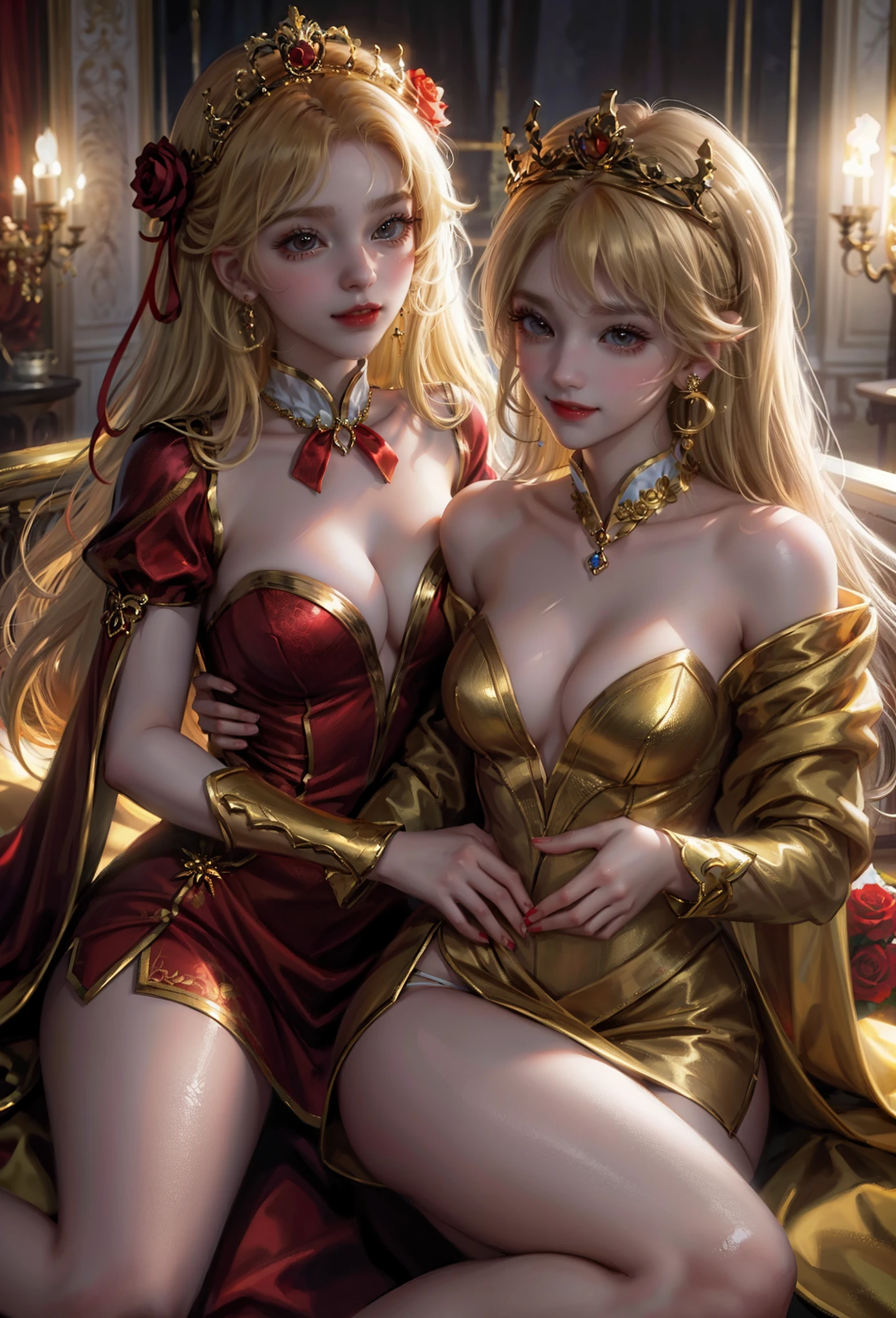 Only the smile of 2 cute girls、duo,Golden eyes、Golden hair、full of roses、crowns、
