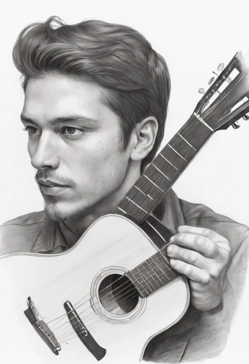 [On a blank piece of paper, Um retrato realista de um homem pardo de 22 anos, com uma cicatriz de uma tiro na testa, vestindo jaqueta de couro, with hair up to the neck, Playing guitar is drawn in graphite pencils. he is in profile, Look forward with serious eyes, Condensed expression. He holds the guitar with both hands...., Apoiando o peito. A guitarra tem detalhes em ouro e preto. The design is inspired by the style of Will Costa, Brazilian illustrator doing surreal work with pencils.]