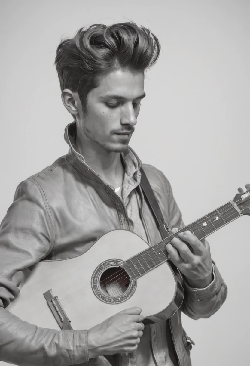 [On a blank piece of paper, Um retrato realista de um homem pardo de 22 anos, com uma cicatriz de uma tiro na testa, vestindo jaqueta de couro, with hair up to the neck, Playing guitar is drawn in graphite pencils. he is in profile, Look forward with serious eyes, Condensed expression. He holds the guitar with both hands...., Apoiando o peito. A guitarra tem detalhes em ouro e preto. The design is inspired by the style of Will Costa, Brazilian illustrator doing surreal work with pencils.]