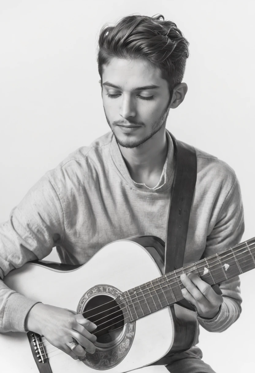 [On a blank piece of paper, Um retrato realista de um homem pardo de 22 anos, com uma cicatriz de uma tiro na testa, vestindo jaqueta de couro, with hair up to the neck, Playing guitar is drawn in graphite pencils. he is in profile, Look forward with serious eyes, Condensed expression. He holds the guitar with both hands...., Apoiando o peito. A guitarra tem detalhes em ouro e preto. The design is inspired by the style of Will Costa, Brazilian illustrator doing surreal work with pencils.]