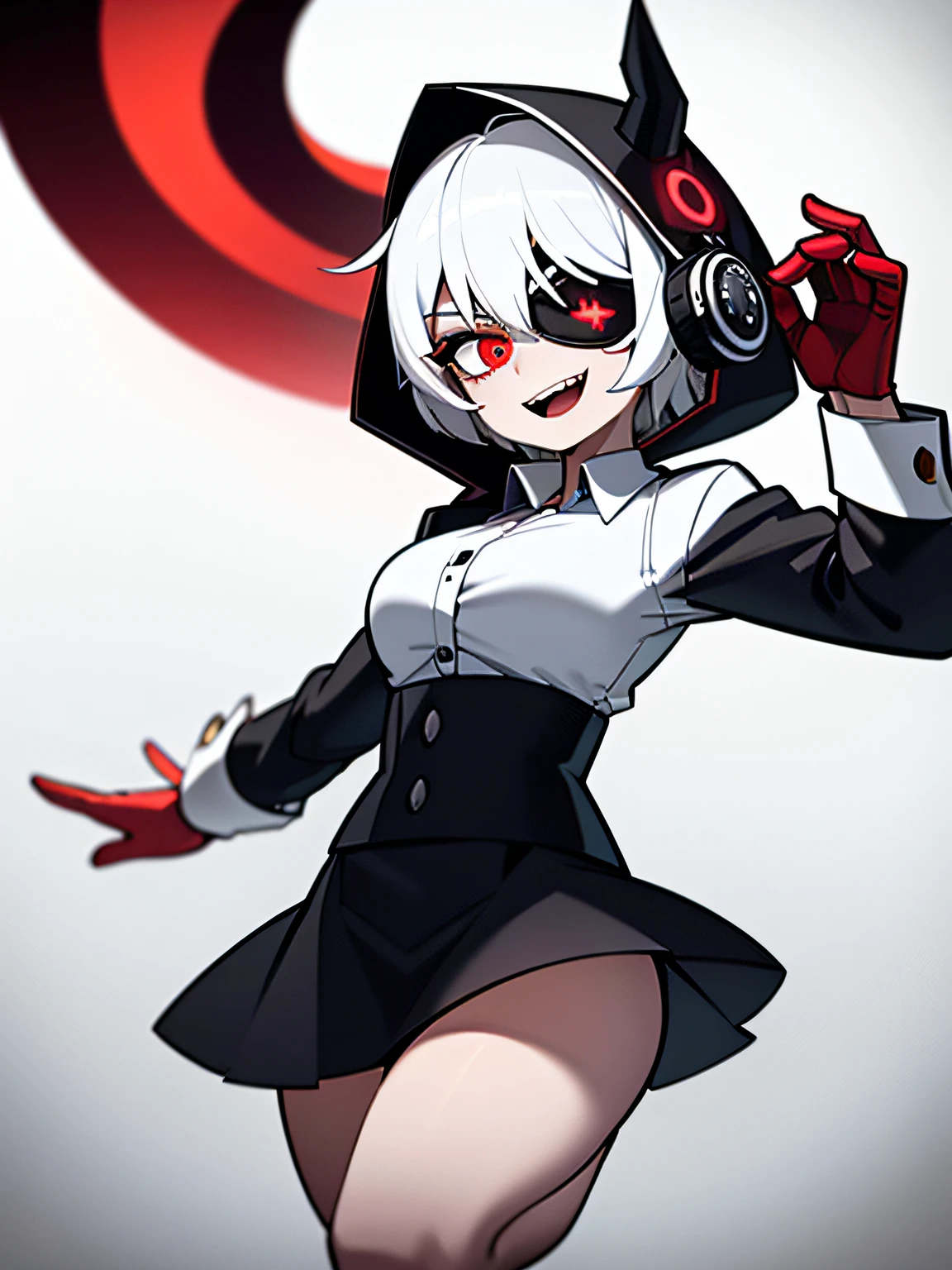 ((masterpiece, best quality)), (1girl), (solo), (female focus), (ahoge, white hair, short hair), black eyes, light smile, open mouth, ((white shirt), (buttoned shirt ), (Button gaps)), ((blackdress), (short  skirt)), standing on your feet, White background, Behind your arms, dynamic angle，mole under eye, mismatched pupils, demon horns, mask, eyepatch, behind-the-head headphones, hood up, red eyes, flower-shaped pupils, devil pupils, cinematic lighting, UHD, textured skin
