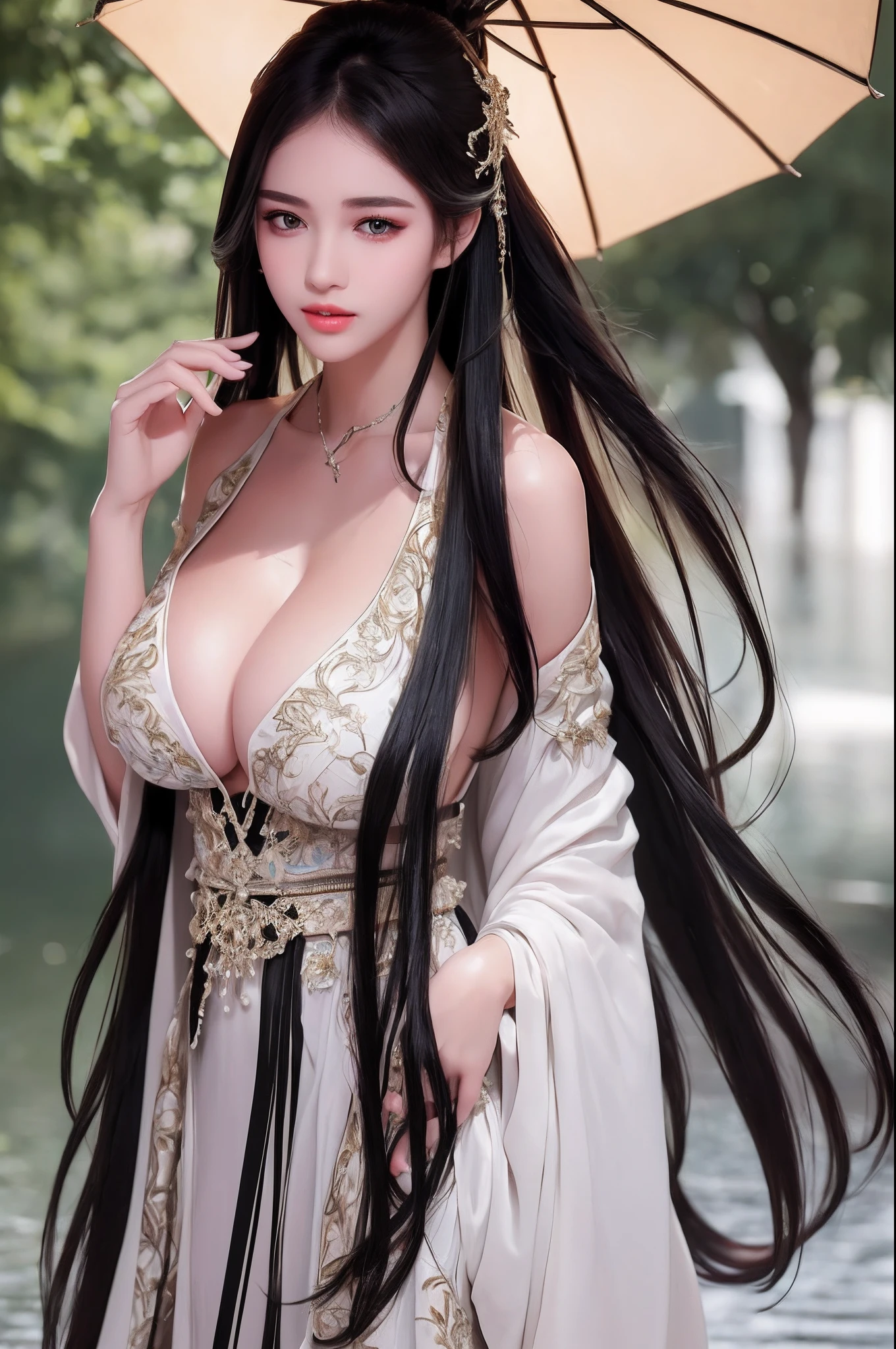 ((Best Quality, 8k, Masterpiece: 1.3)), Focus: 1.2, Perfect Body Beauty: 1.4, Buttocks: 1.2, ((Layered Haircut)), (Wet Clothes: 1.1), (Rain, Street:1.3), (Breasts: 1.2), (Hanfu: 1.2), Bare Shoulders, Bare Legs, Highly Detailed Face and Skin Texture, Fine Eyes, Double Eyelids, Whitened Skin, Long Hair, (Shut Up: 1.5), (Bokeh Background: 1.5), Big Breasts