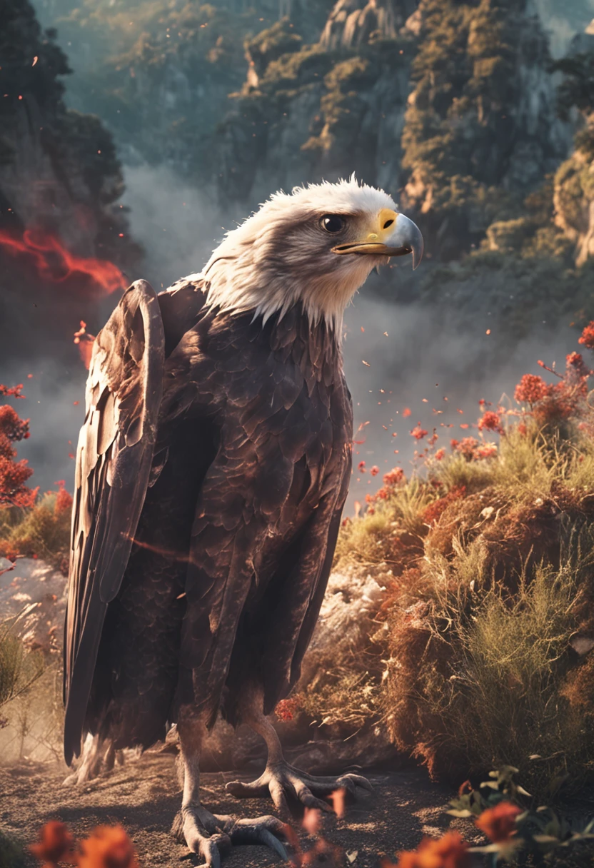 create a movie poster of a boy, a witch, and an eagle, a rat full photo