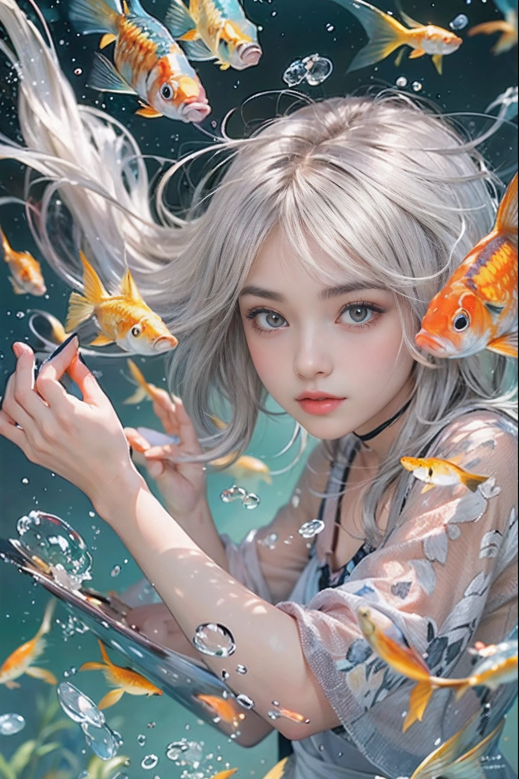 Beautiful girl playing with a bowl of water or fish, Gamine, is playing happily, Fish, swirling schools of silver fish, floating goldfish, Graphic illustration, see fishes swimming, Two hands reach for the fish, gold fish, amazing depth, adolable, inquisitive, beautiful  Girl、Goldfish scooping, Good dance、Open-air nightclub, Silver hair, Split ponytail, Star-shaped pupils, conceptual art, Art Nouveau, Glowing light, hyper HD, Textured skin, Masterpiece, Anatomically correct, Best quality, 8K