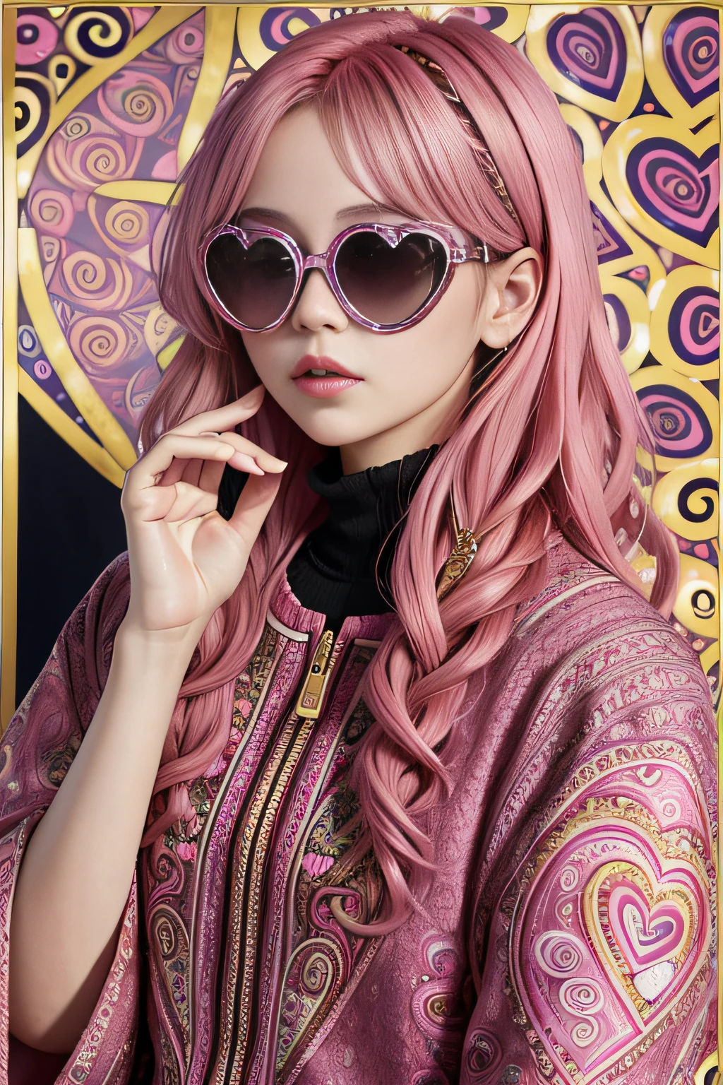 (Pink cute heart shaped sunglasses for artistic pink hair adults with sophisticated intricate paisley pattern in Klimt style)、I don't need people、Mexican decoration、syrup、
(Vector Flat)、gold、brack、
masterpiece、超A high resolution、hightquality