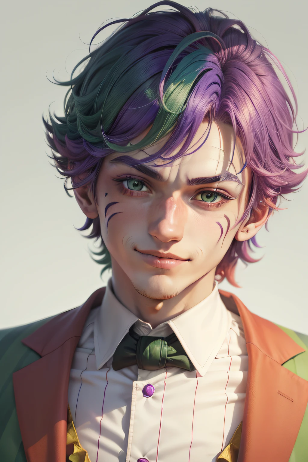 Clown avatar，Close-up of the head，ember，Wallpapers，Anime handsome boy，Pan，Green hair，Purple colored hair，Hair has gradient color，White suit or dress，white backgrounid，Red round nose of the clown，Clown's mouth，Handsome nose，ssmile，年轻