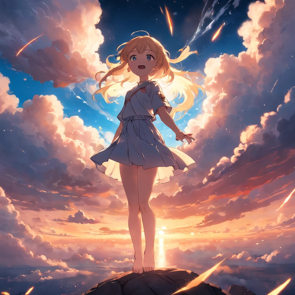 masterpiece, best quality, movie still, 1girl, cloud girl, floating in the sky, close-up, bright, happy, warm soft lighting, sunset, (sparks:0.7)