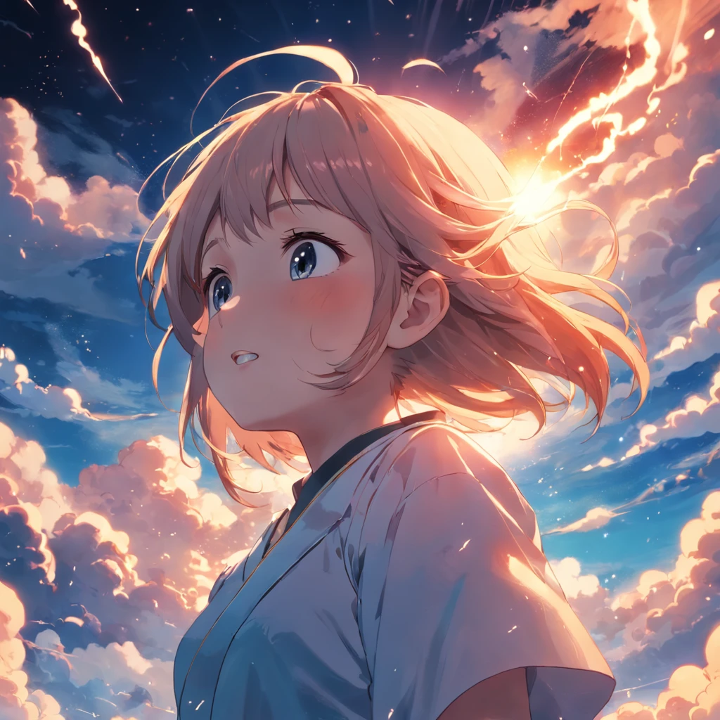 masterpiece, best quality, movie still, 1girl, cloud girl, floating in the sky, close-up, bright, happy, warm soft lighting, sunset, (sparks:0.7)