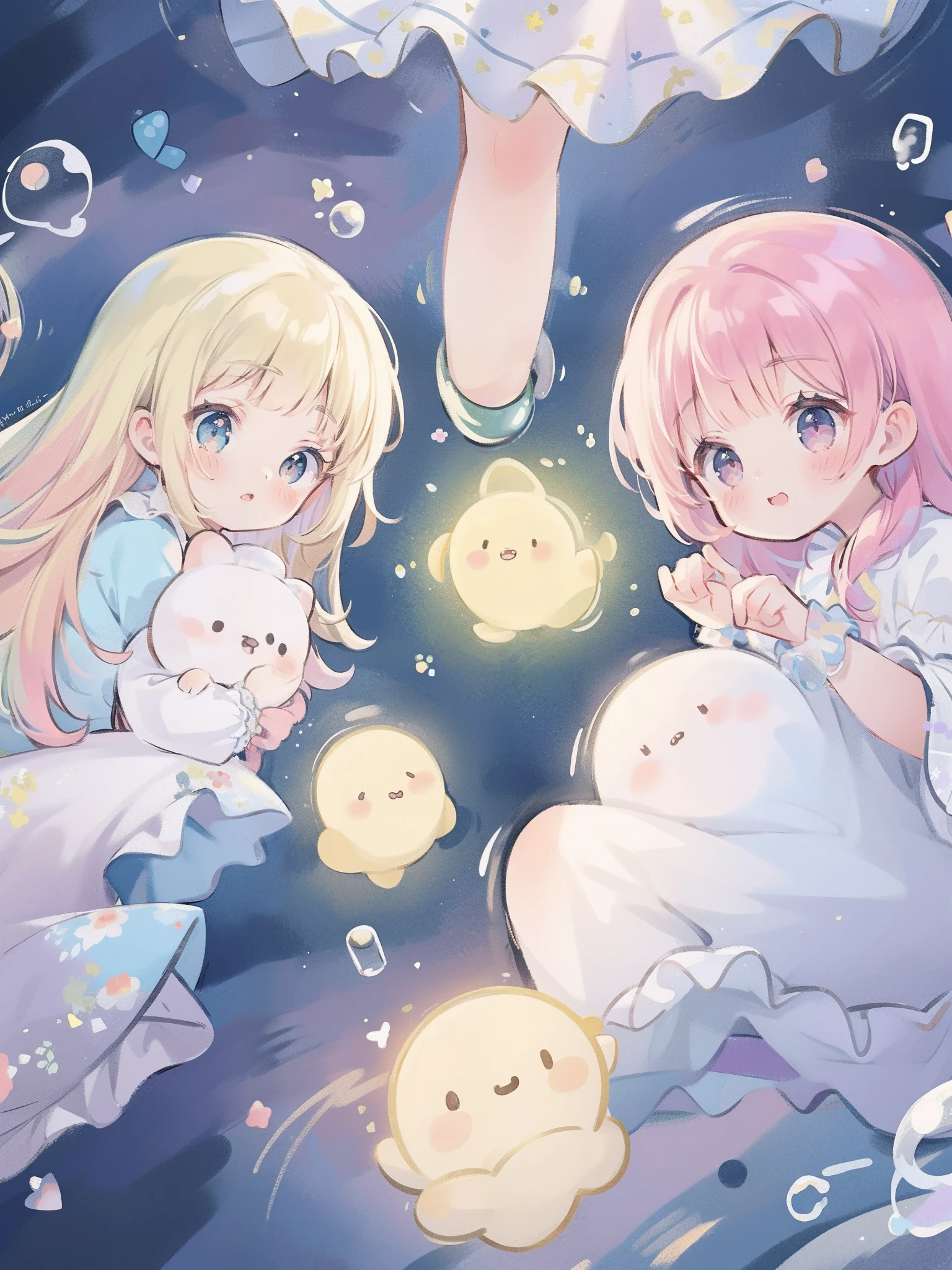masterpiece, best quality, 8k resolution, sharp focus, intricate detail, beautiful 3girls, sparkling eyes, golden ratio face, otherworldly liquid, watercolor, pastel colors, bright colors, whimsical, colorful, sharp focus, high resolution, fine detail, ((layered tiered puffy long sleeves ballgown)), ((round eyes)), iridescent bubbles, fantasia background