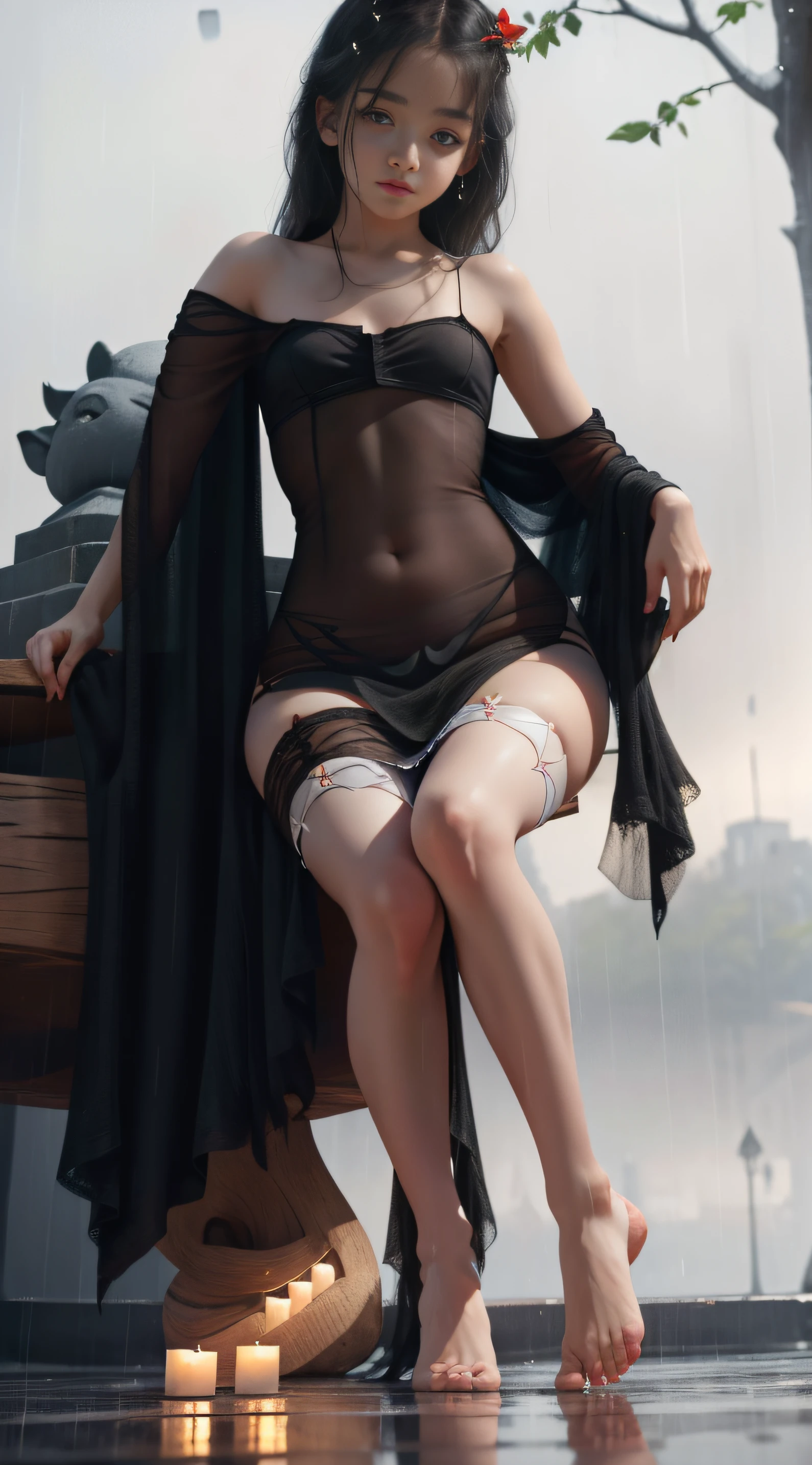 Small loli, Cute face, Long hair with black shawl, Red pupils, Feet up, White dress, Naked legs, Perfect sole, No shoes, Perfect calf curve, Cute little feet. On a rainy day, In the park, black lence stockings, Show the soles of your feet,