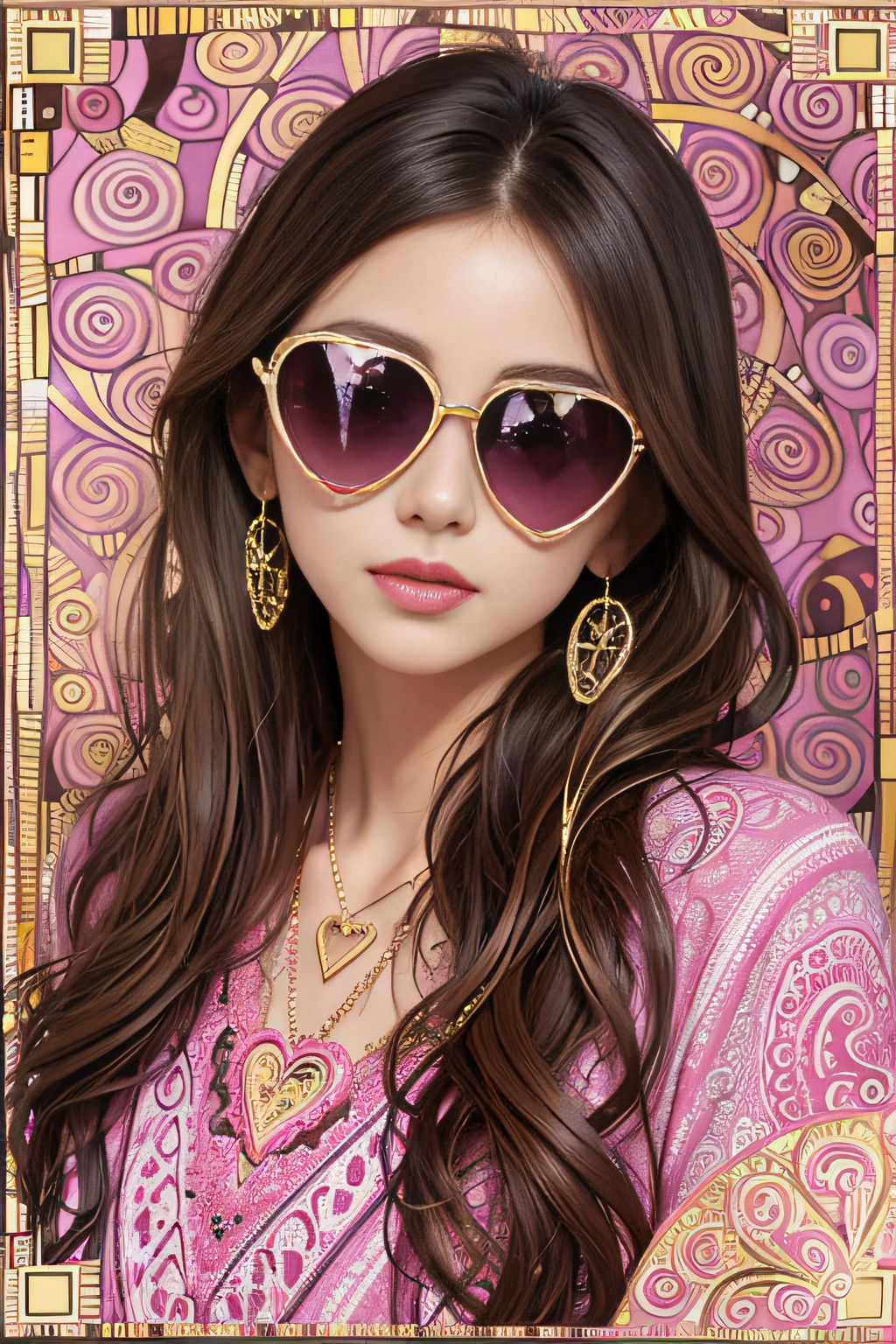 (Pink cute heart-shaped sunglasses for artistic adults with sophisticated and intricate paisley pattern in Klimt style)、I don't need people、Mexican decoration、syrup、
(Vector Flat)、gold、brack、
masterpiece、超A high resolution、hightquality