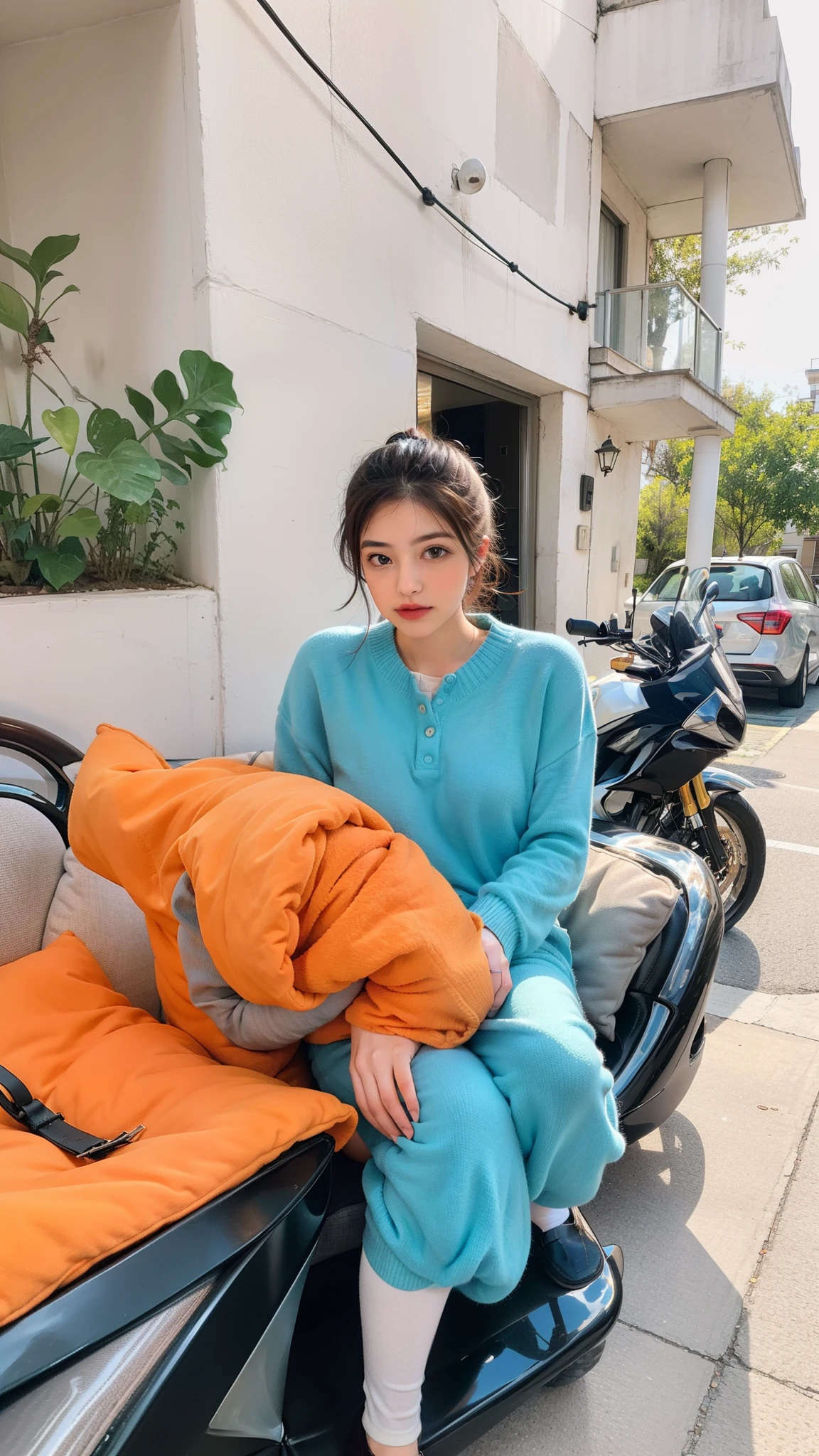 1girl,sitting on a cozy couch,crossing legs,soft light