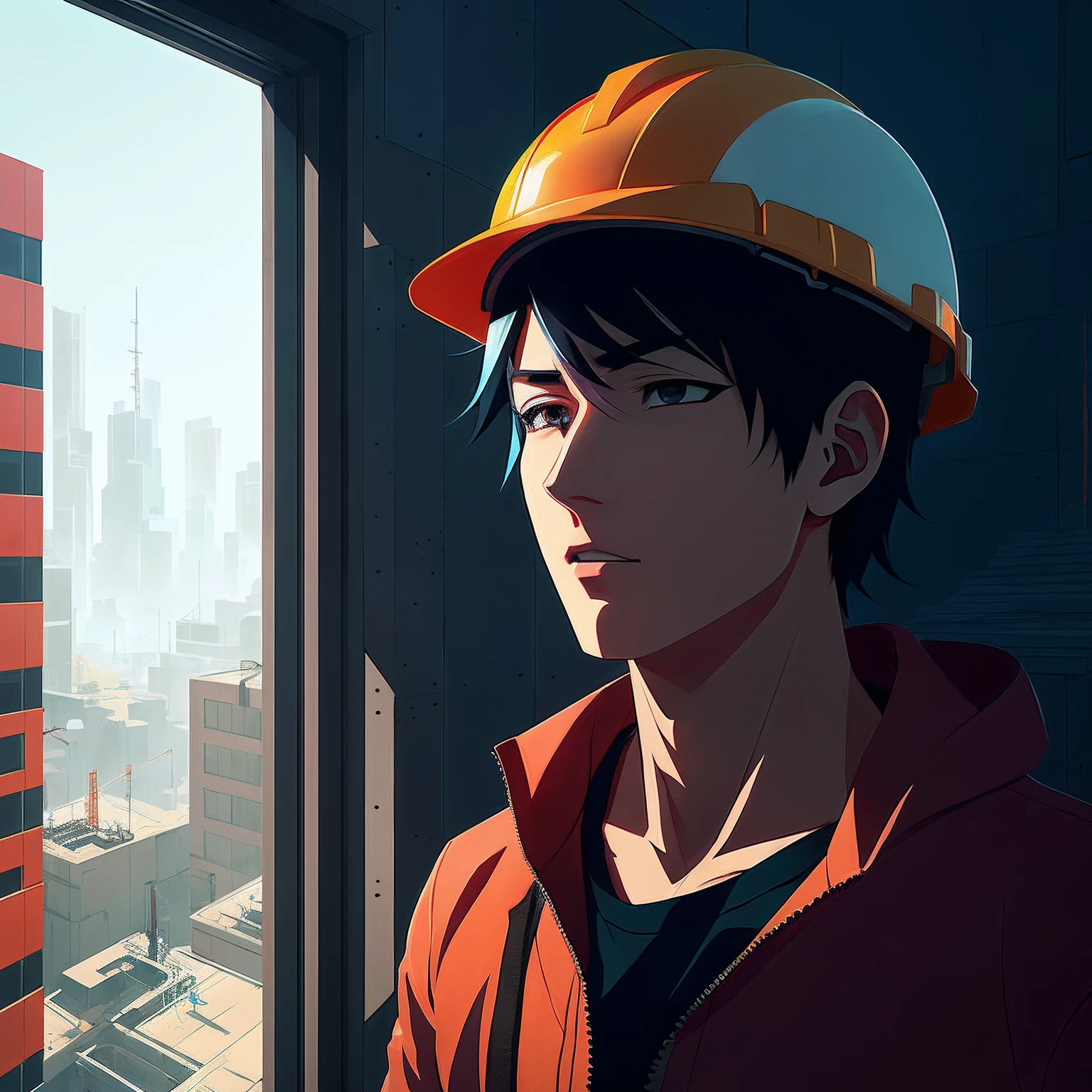 Anime characters in hard hats looking out the window at construction site, mirrors edge art style, atey ghailan 8 k, inspired by Liam Wong, akira art style, Digital anime illustration, low details. Digital painting, rob rey and kentaro miura style, Digital cyberpunk anime art, anime styled digital art, akira style illustration, Seguro para o trabalho. CGSesociety