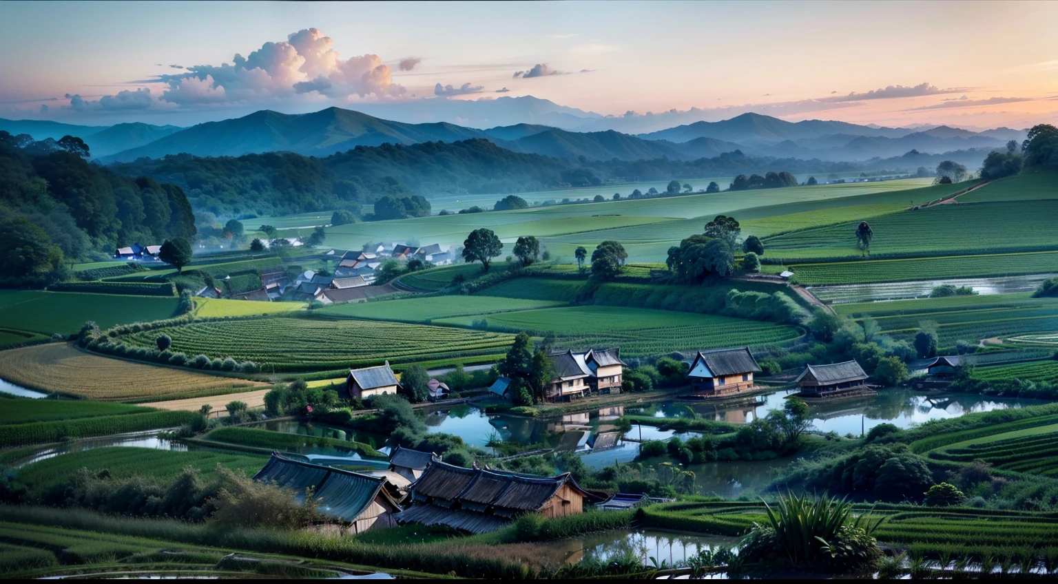 golden，A group of happy  running through the field，There are golden rice paddies