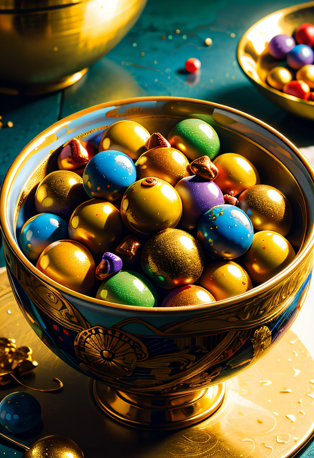 ​masterpiece、top-quality、top-quality、(Close up photo of artistic colorful candy on artistic golden bowl)、ighly detailed、colourfull、highestdetailed