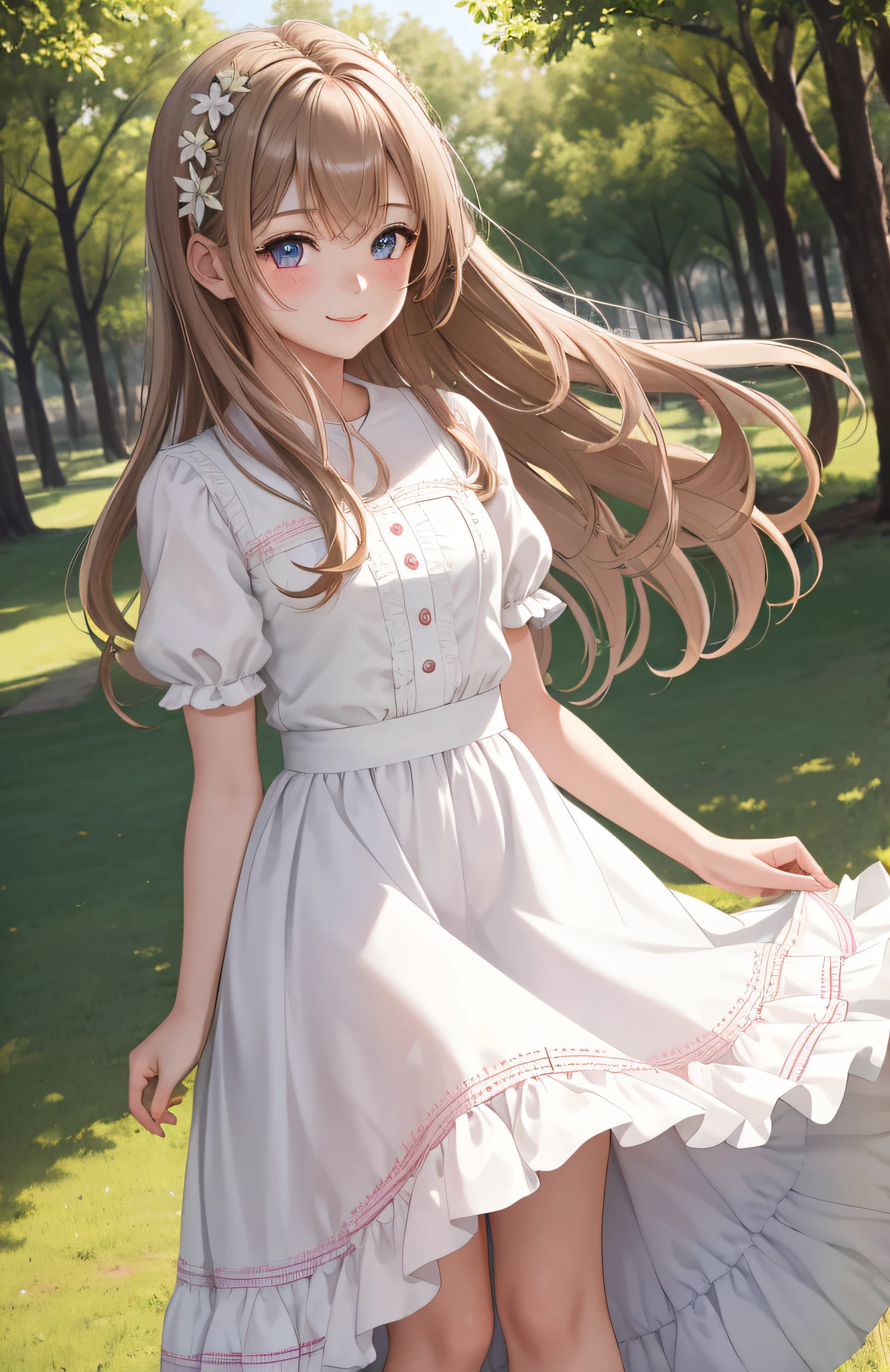 young girl in a park on a very windy day, {best quality}, {{masterpiece}}, {highres}, {{{full body shot}}}, extremely detailed girl, ager, australian, {{{pale skin}}}, {{{detailed face}}}, {anime}, sharp focus, {{{character{1 girl}}}}, solo, {{{white tshirt, long pink tiered skirt}}}, beautiful detailed eyes, brown eyes, {{{{{sharp focus}}}}}, {medium hair, light-brown hair}, {{{detailed cloth texture}}}, {{{detailed skin texture}}}, {{{smooth lighting}}}, light smile, wind blowing,