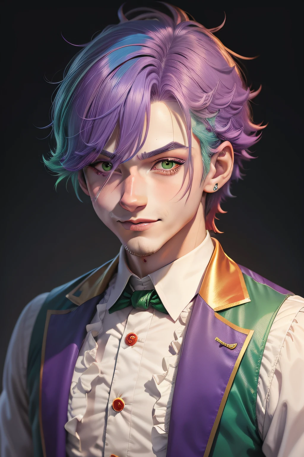 Clown avatar，Close-up of the head，ember，Wallpapers，Handsome young man in China，Young gentleman，年轻，Handsome，The color hair，Hair has gradient color，white business suit，white backgrounid，Red round nose of the clown，Clown's mouth，ssmile