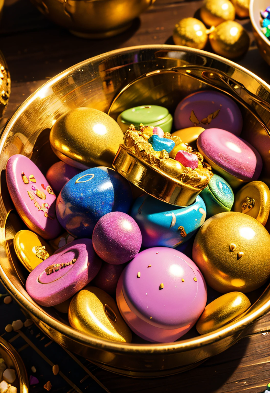 ​masterpiece、top-quality、top-quality、(Close up photo of colorful sloppy candies in artistic golden bowl)、ighly detailed、colourfull、highestdetailed