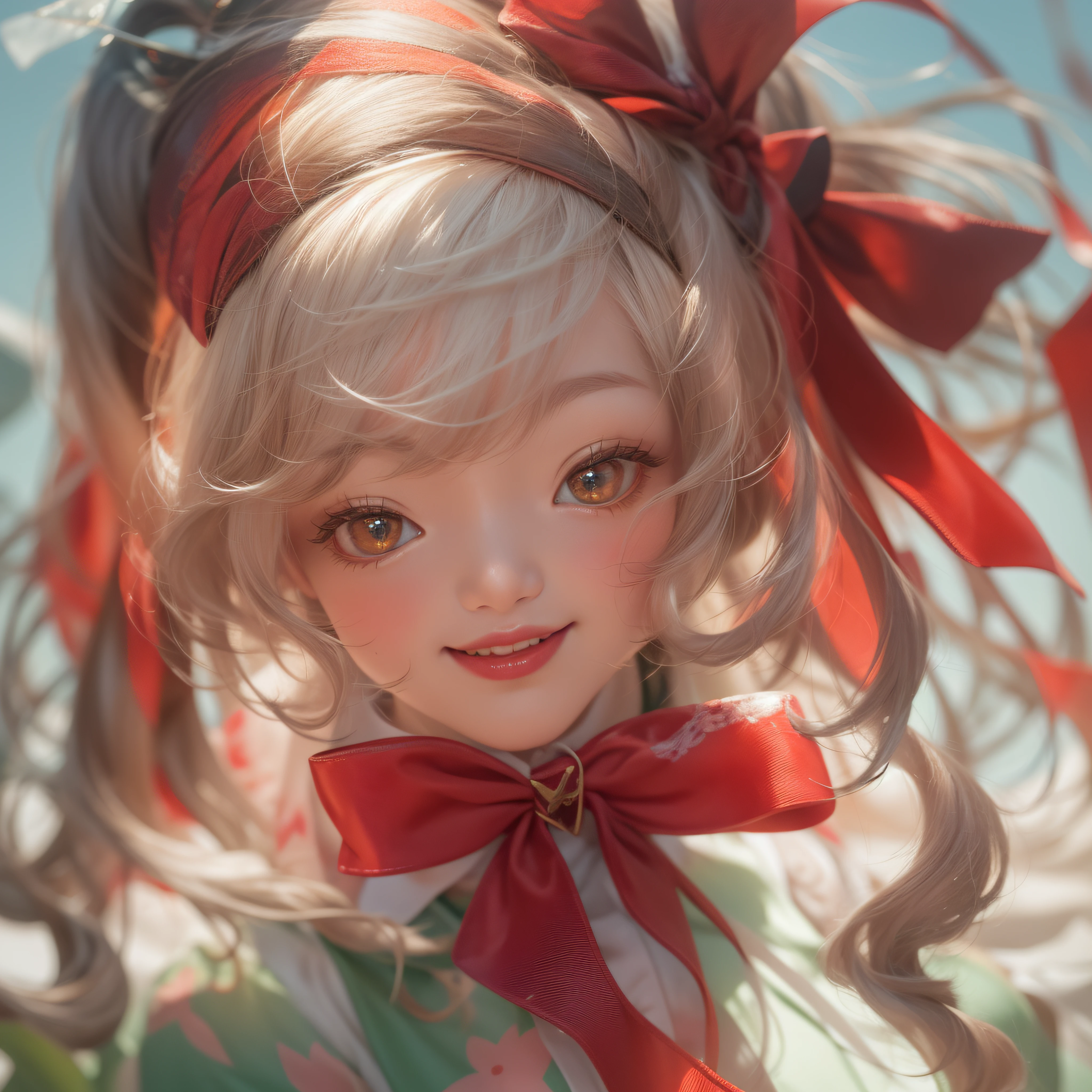Wear a large bow tie on your head、Wear a large bow tie on your head、Close up of crimson smile with open mouth、Close up of crimson smile with open mouth、Wear a bow tie on your head、Wear a bow tie on your head、(realisitic、hight resolution)、(1 girl in)、Do-Up Eye、Korean Girl、(Best Quality), (masutepiece), (1girl in), Solo, a beauty girl, Perfect face, Big Breast,dreamlikeart、Highly detailed airbrush art((Surreal))、Volumetric lighting、(top-quality)、The ultra-detailliert、(The composition of the movement:1.4)、Highly detailed colorful details、(Bright lighting)、dynamic compositions、Ray traching、The mirror reflects light、Shallow depth of field、ultra-detailliert、mixing exposure、nffsw、Her eyes are glowing bright red、Staring at the crimson sea。Her crimson face is、Full of adventure anticipation and courage.、A smile appears on her bright red lips。 At the rear、The sun is slowly tilting to the west。Its light brings a deep red light to the surface of the sea、The swaying waves create a beautiful scene。Her eyes are clearly glowing bright red。Lots of crimson ribbons、