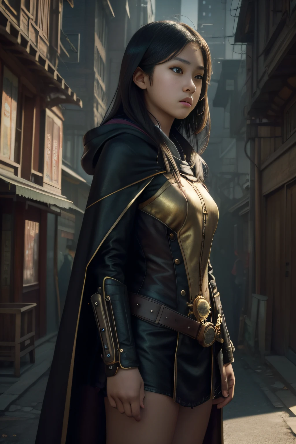 1 girl, young, 16 years old, Asian, full body from head to toe, Realistic, Realistic face, worried, looks over shoulder, side lighting, wallpaper, side view, looks at viewer, steampunk buildings futurists in the background, long cape and hood, earth ground, exterior,