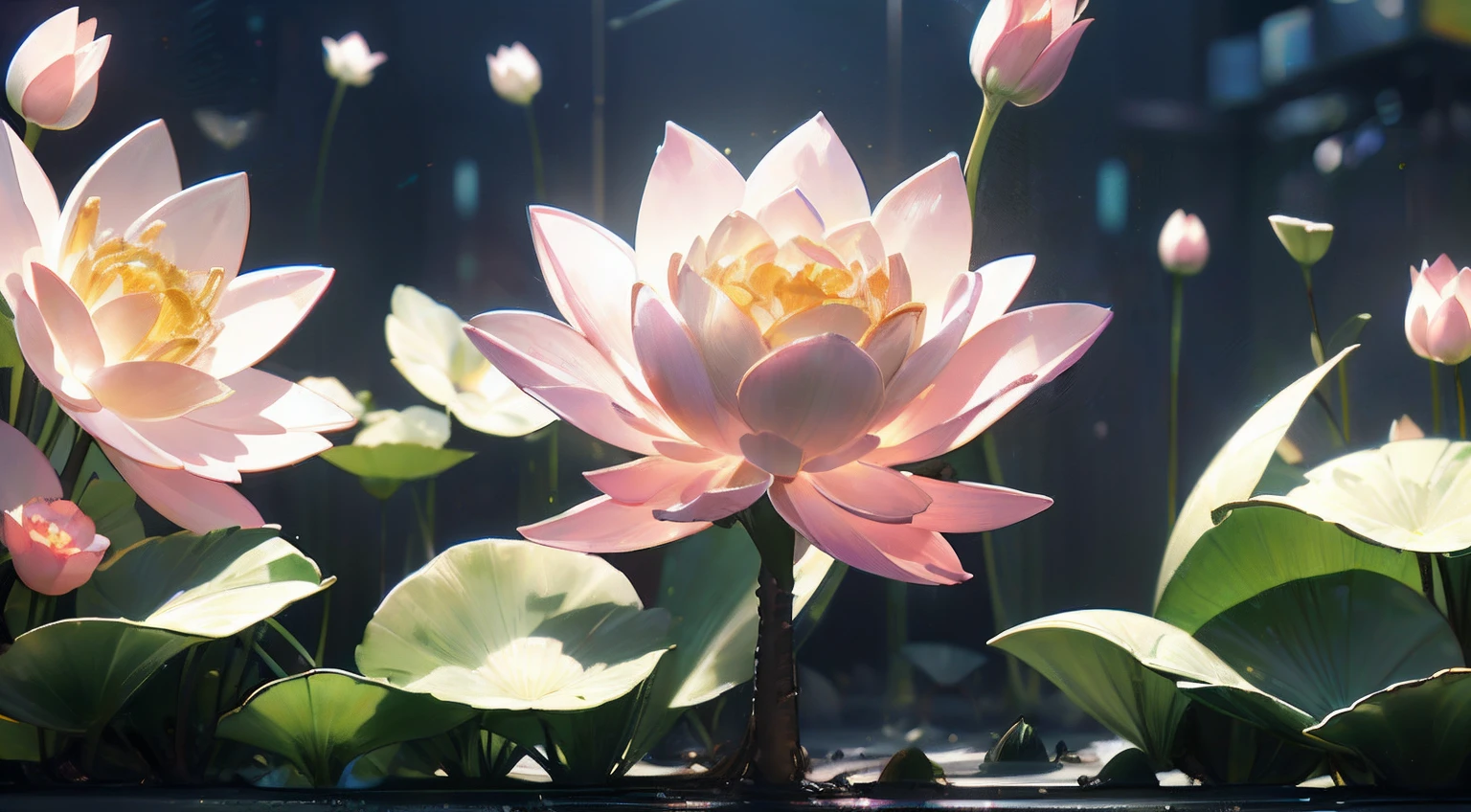 (((Best quality))), ((Ultra-detailed)),((plant illustration)),Blue sea,Lotus flowers underwater,Metal petals,Glass petals,Inorganic flowers,Mechanical flower,Close-up,Futuristic flowers,,transparent plastic,Dreamy,Emits a shimmering light,cold shades,Metallic glass luster, Glass texture, speeding camera shot, commerciaphotography, Cyberpunk Style,Lotus leaves,Lotus flowers in a glass cover