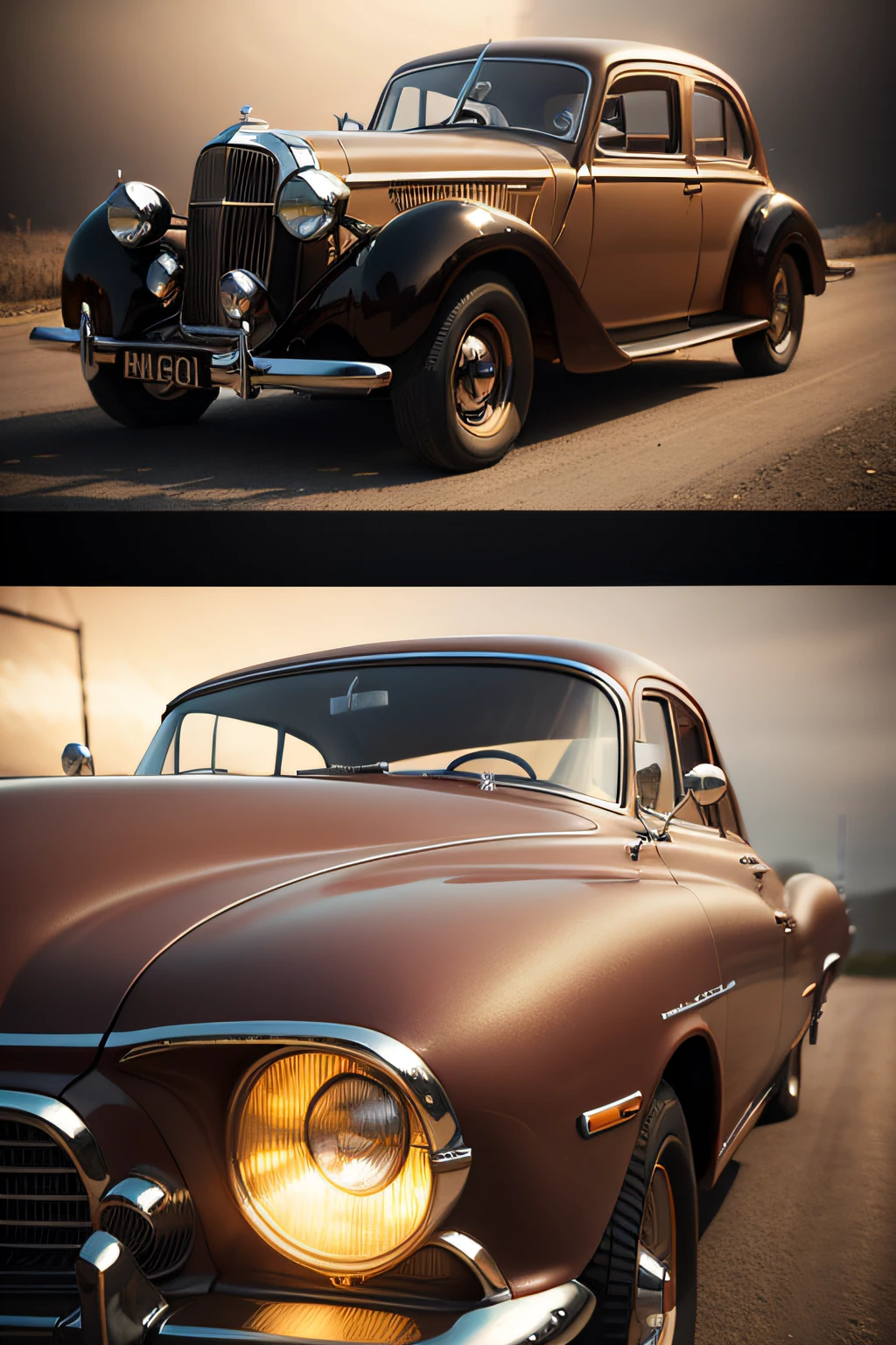 3d render of vintage car, vintage light, vintage style, vintage background, vintage filter, full body, beautiful studio soft light, rim light, vibrant details, realistic, elegant, octane render, zoomed out, rendered in 8K resolution for high-quality detail, concept art, smooth, sharp focus, highly detailed, soft natural volumetric cinematic perfect light, glowing yellow light, bright light