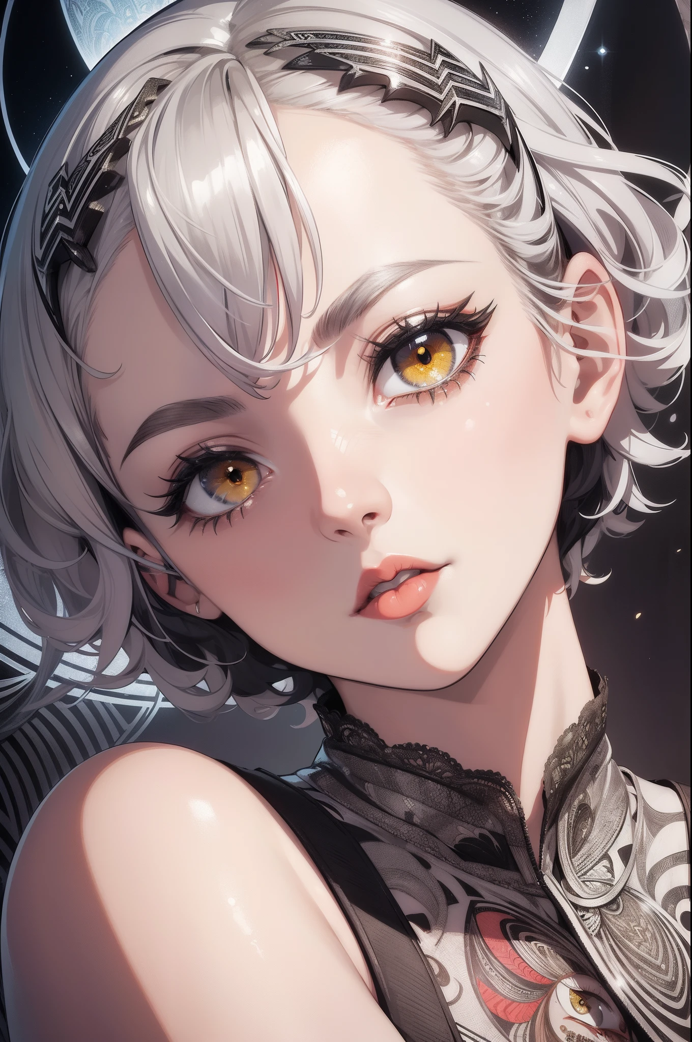 (masterpiece), (Best Quality), (zentangle background:1.4),(a girl), ((close-up of face)), (determined face), (best angle), Looking to the Viewer, Contemporary Girl)，(Big yellow crystal eyes), (round red lips), (very very Short silver Hair:1.5), (Art Deco illustration:1.4),(wearing black and white border shirt), (Reasonable design, Clear lines, High Sharpness,Best Quality, Very detailed, masterpiece, Movie Light Effects, 8K ), ((3D)), cool, model, vogue, fashion photo,