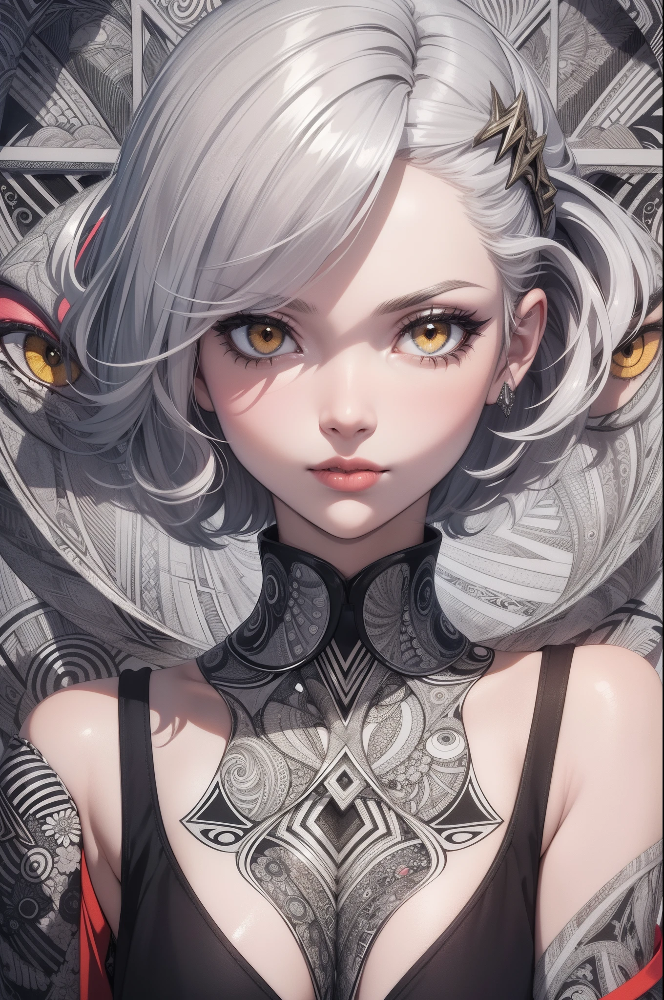 (masterpiece), (Best Quality), (zentangle background:1.4),(a girl), ((close-up of face)), (determined face), (best angle), Looking to the Viewer, Contemporary Girl),(Big yellow crystal eyes), (round red lips), (very very Short silver Hair:1.5), (Art Deco illustration:1.4),(wearing black and white border shirt), (Reasonable design, Clear lines, High Sharpness,Best Quality, Very detailed, masterpiece, Movie Light Effects, 8K ), ((3D)), cool, model, vogue, fashion photo,