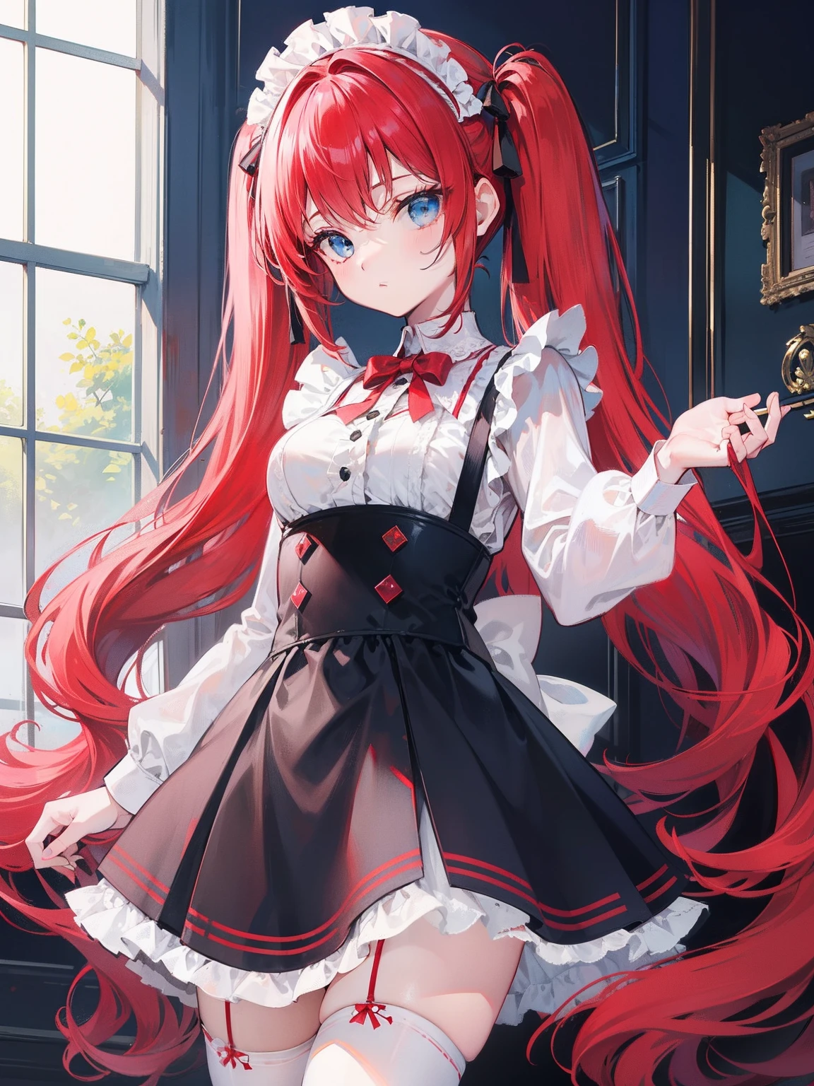 red hair,blue eyes,twintails,maid, long hair, long sleeves, gothic, solo, loli,Short skirt, white stockings,{{best quality}}, {{masterpiece}}, {{ultra-detailed}}, {illustration}, {detailed light}, {an extremely delicate and beautiful},little girl,cute,